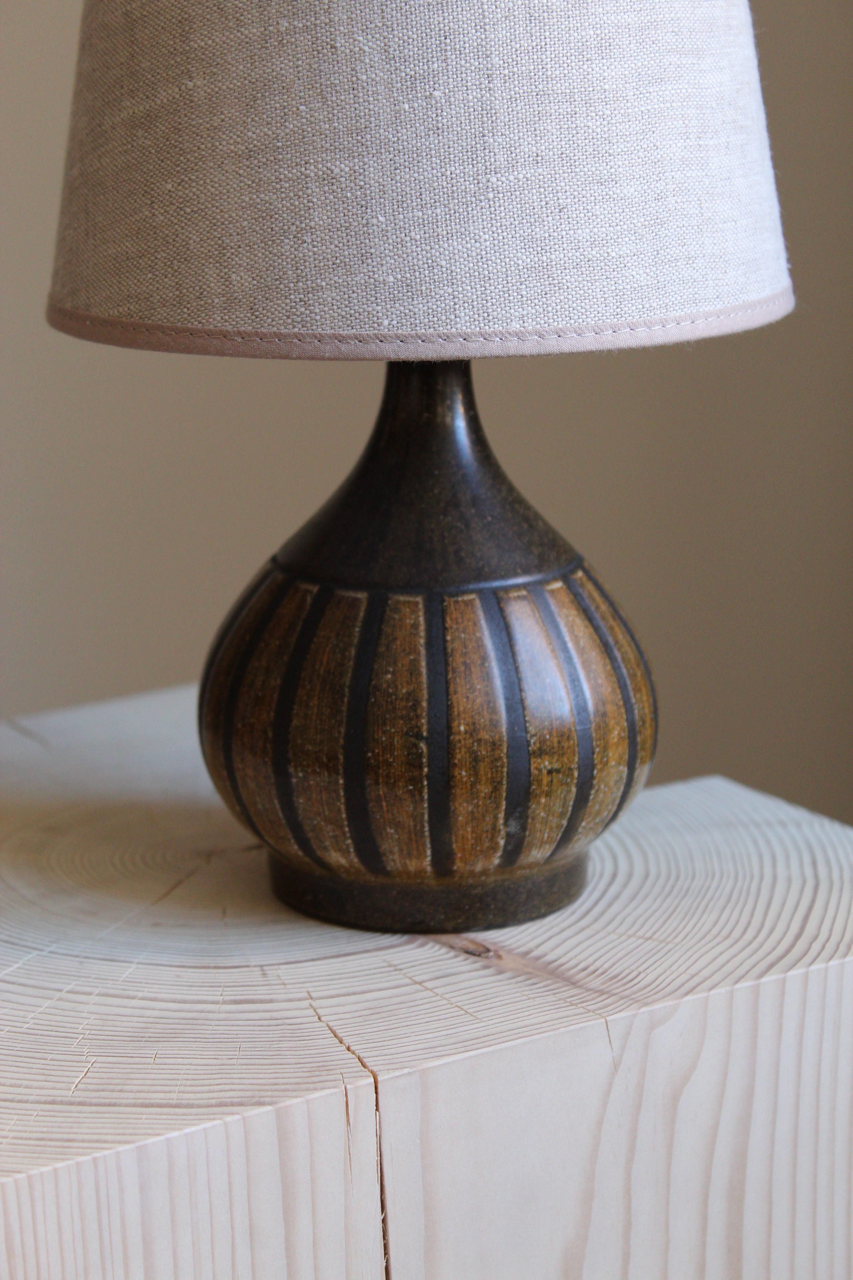 Mid-Century Modern Danish Designer, Small Table Lamp, Glazed Stoneware, Linen, Denmark, 1960s