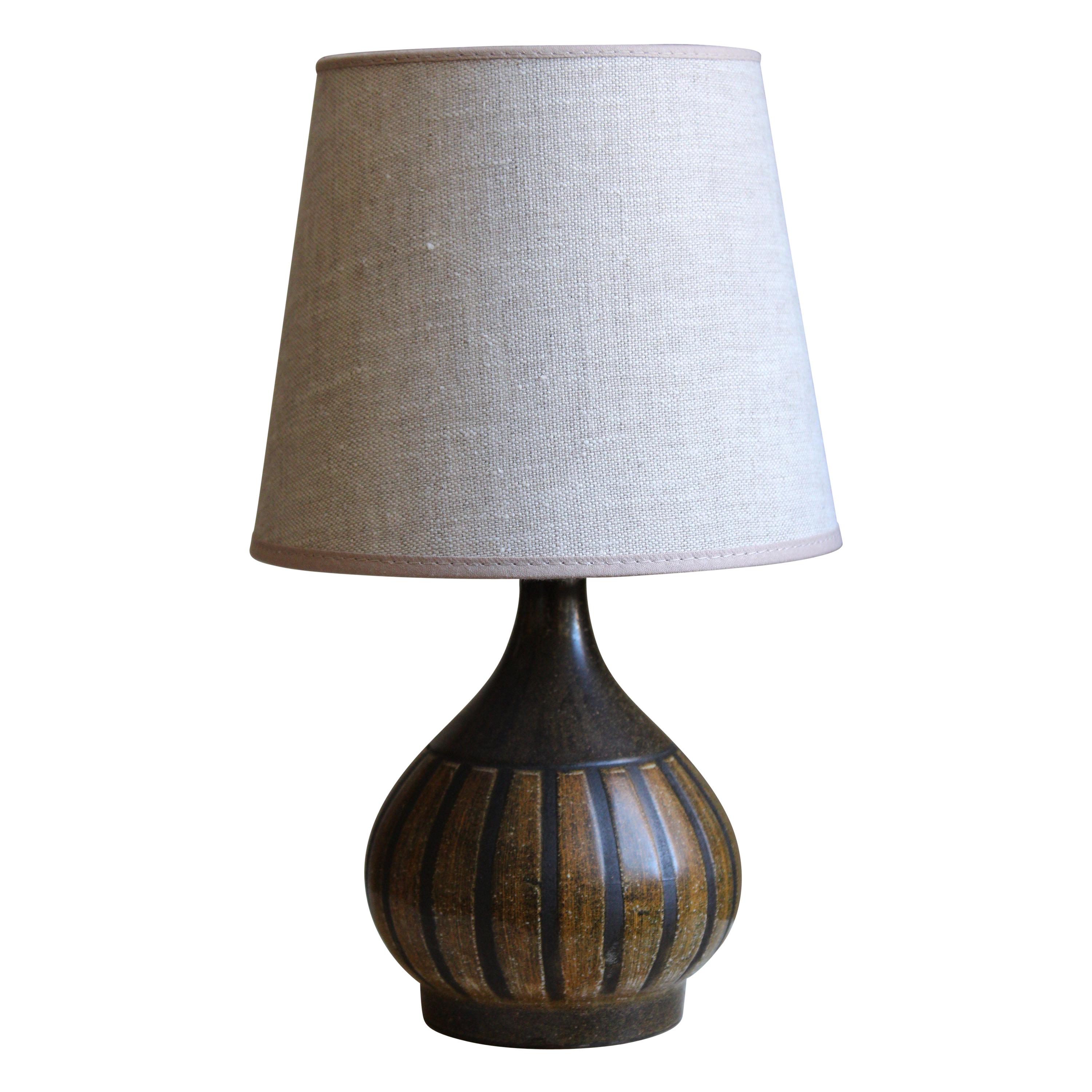 Danish Designer, Small Table Lamp, Glazed Stoneware, Linen, Denmark, 1960s