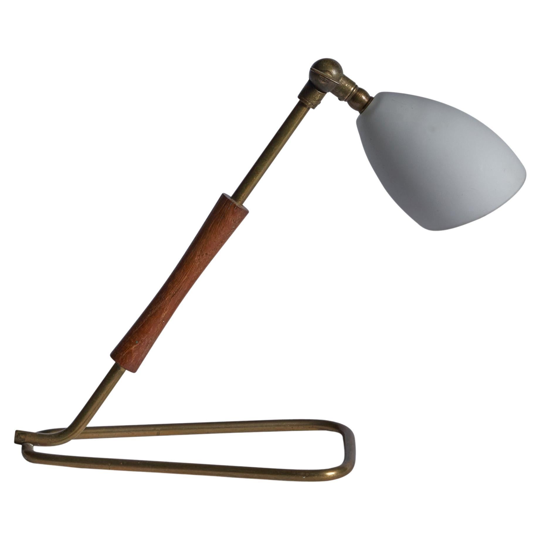 Dänische Designerin, Tischlampe, Holz, Messing, Glas, Dänemark, 1940er Jahre