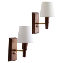 Danish Designer, Small Wall Lights, Brass, Rosewood, Linen, Denmark, 1950s