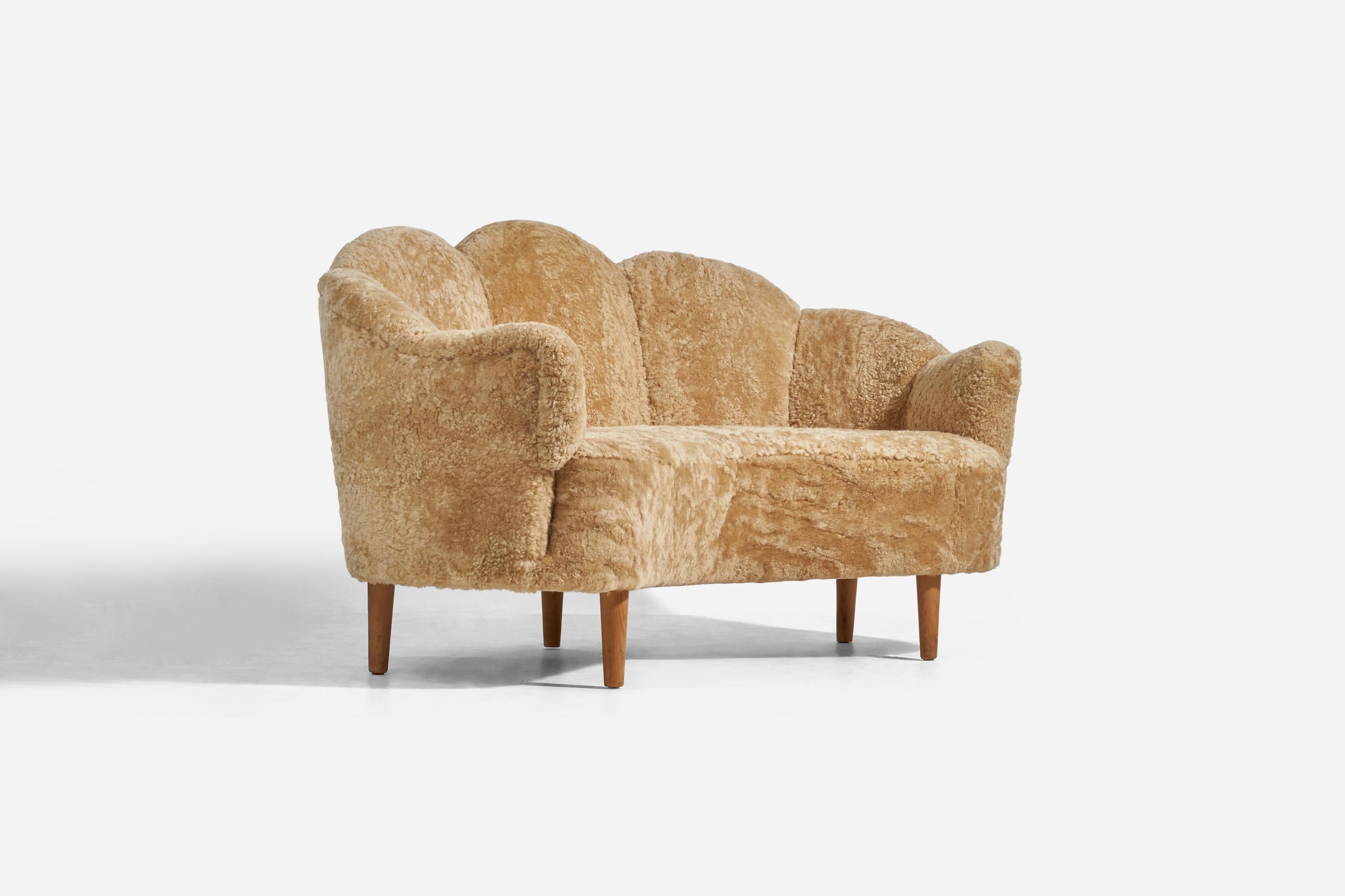 Organic Modern Danish Designer, Sofa, Sheepskin, Beech, Denmark, 1940s For Sale