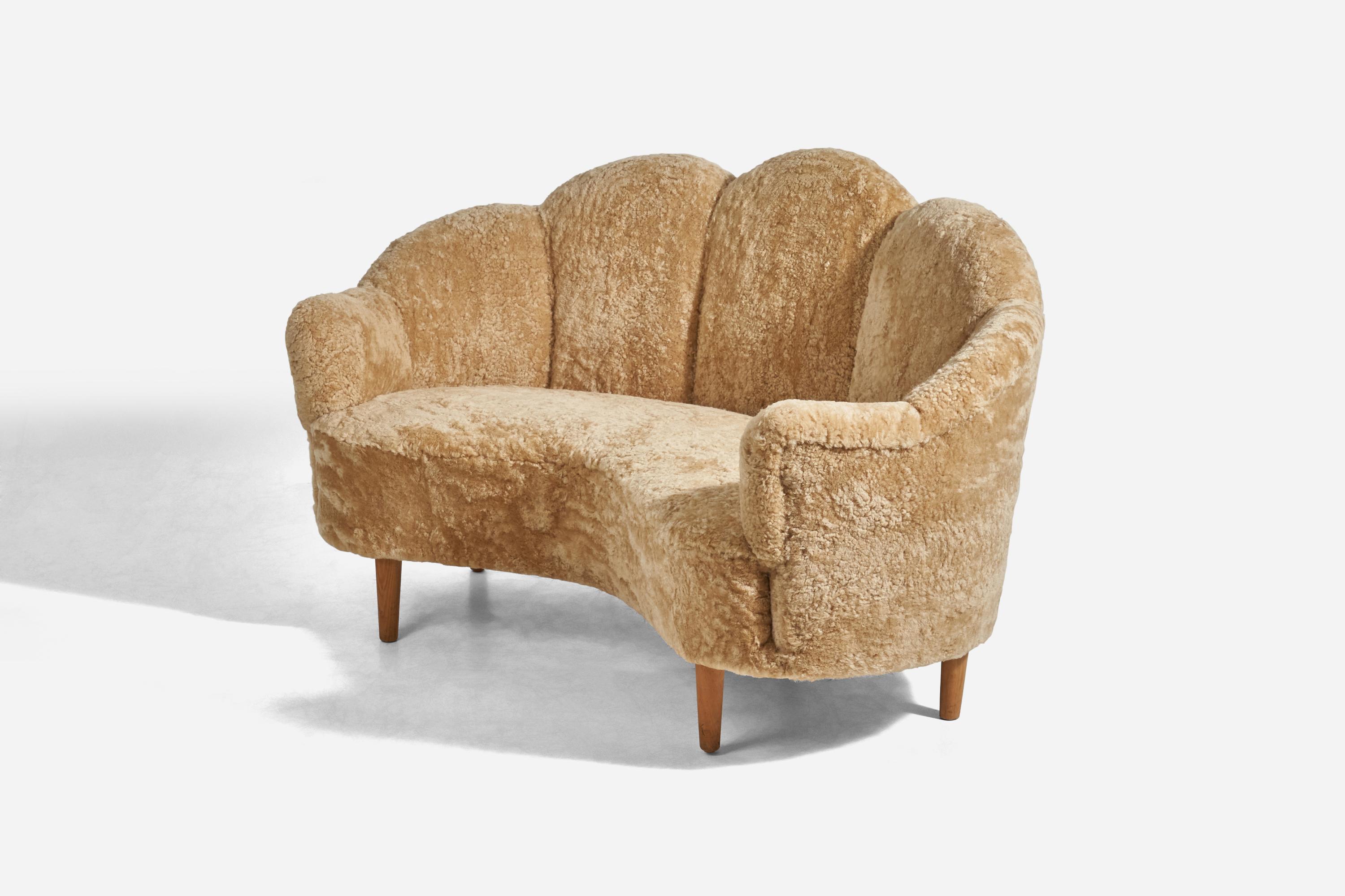 Danish Designer, Sofa, Sheepskin, Beech, Denmark, 1940s In Good Condition In High Point, NC