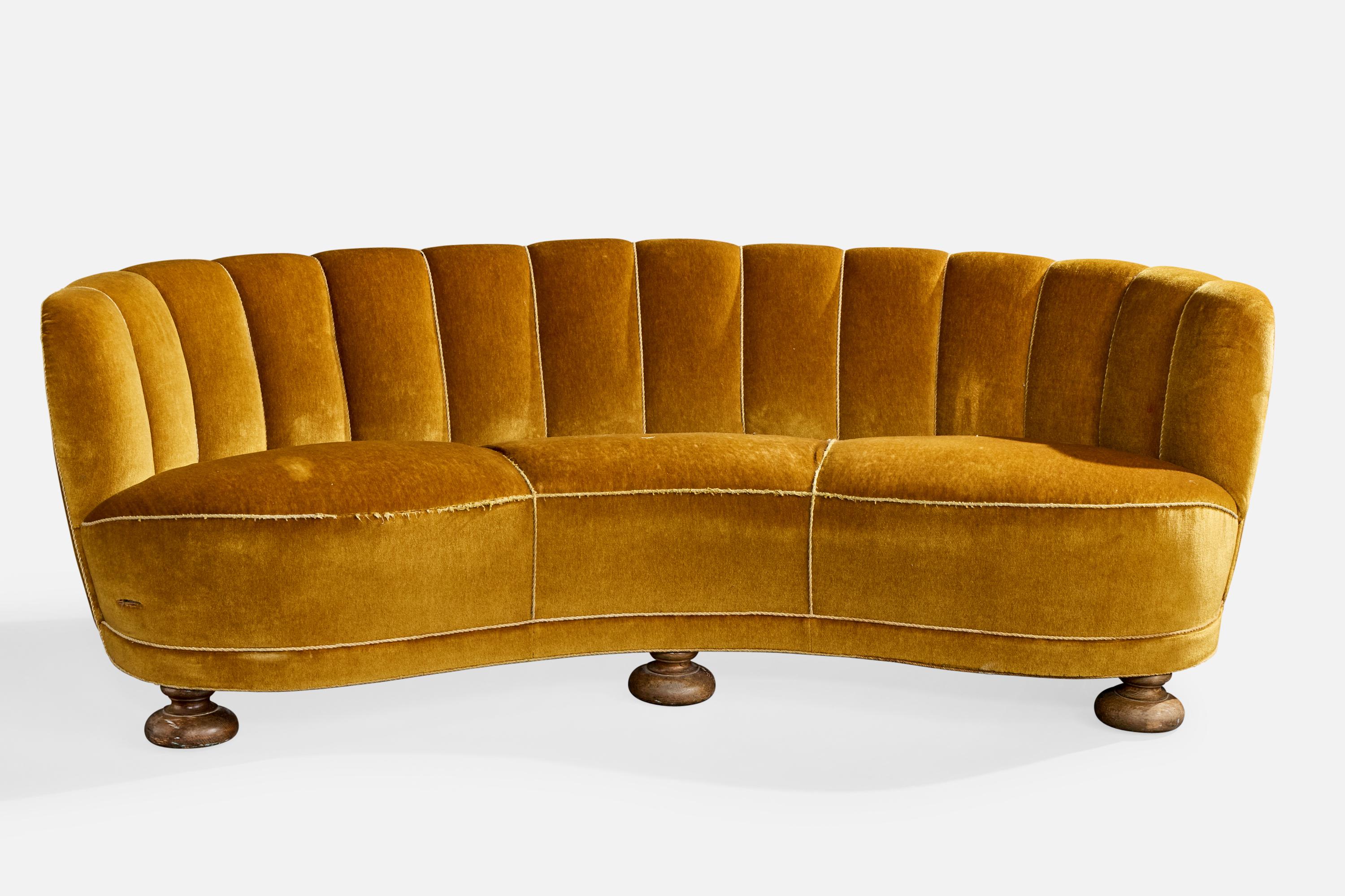 Mid-Century Modern Danish Designer, Sofa, Wood, Velvet, Denmark, 1940s For Sale