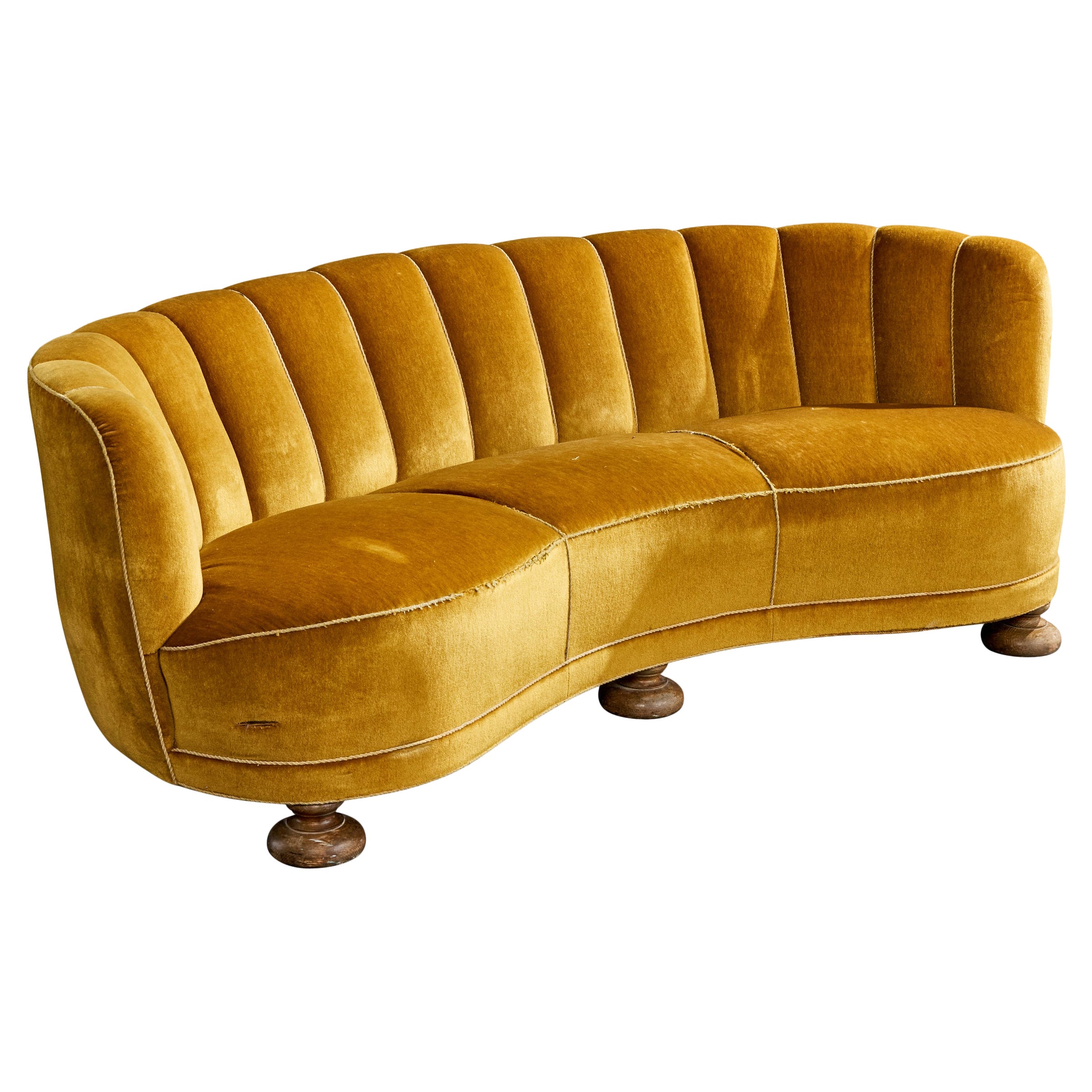 Danish Designer, Sofa, Wood, Velvet, Denmark, 1940s For Sale