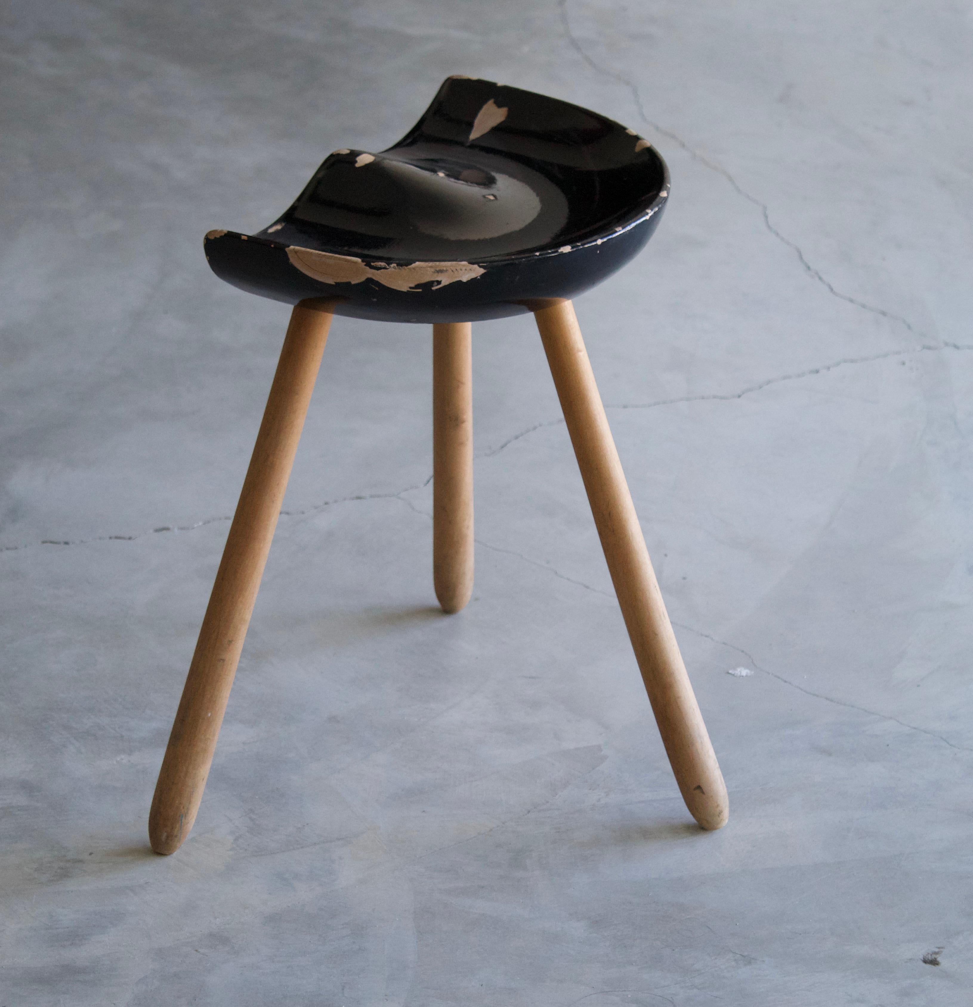 Swedish Danish Designer, Stool, Carved Oak, Black Lacquer, Denmark, c. 1950s For Sale