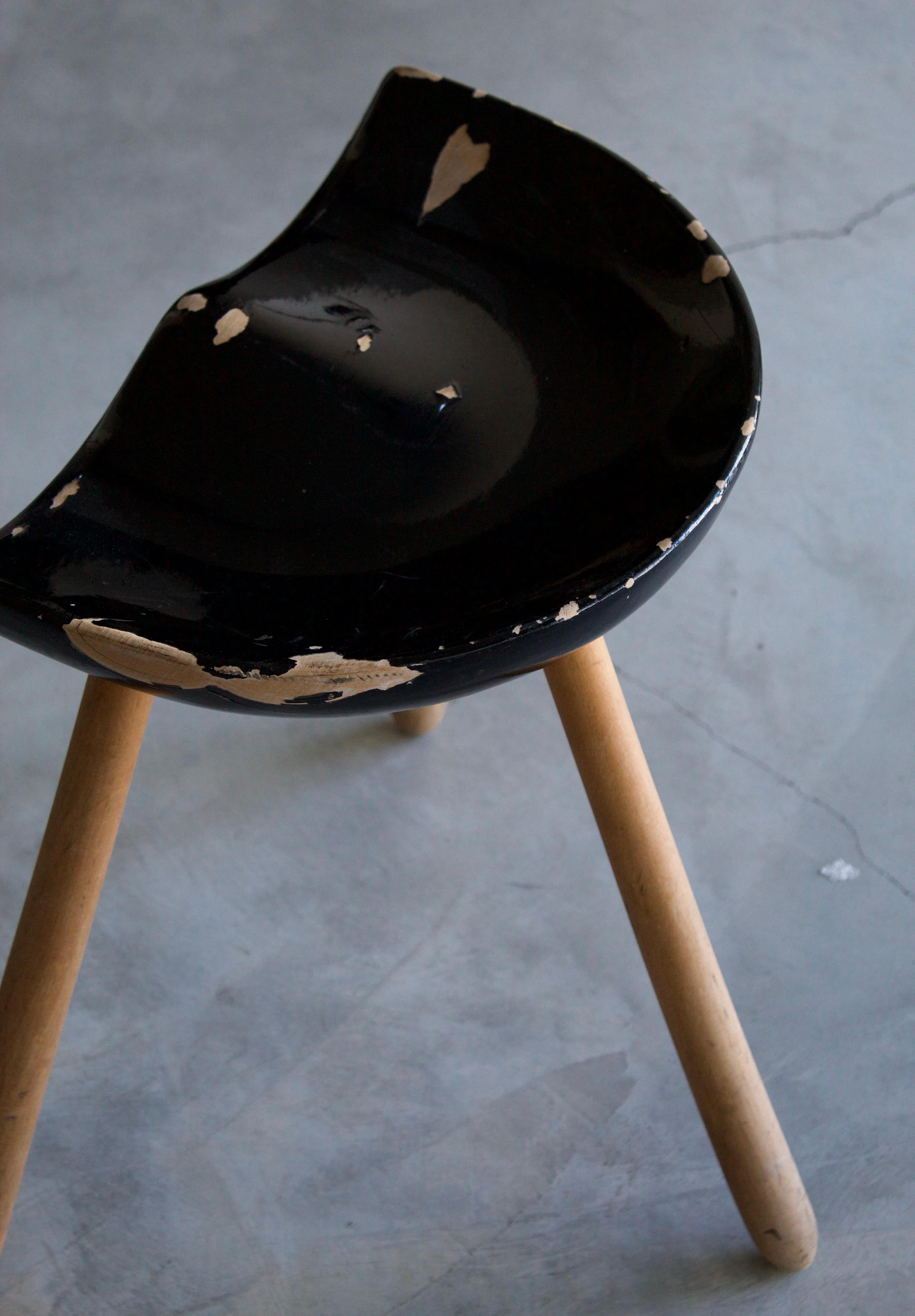 Danish Designer, Stool, Carved Oak, Black Lacquer, Denmark, c. 1950s In Good Condition For Sale In High Point, NC