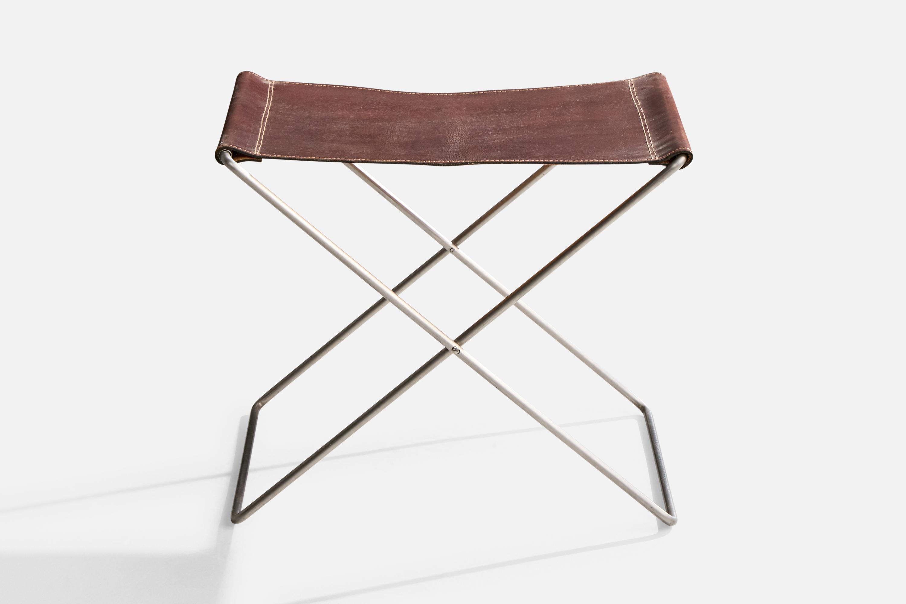 Danish Designer, Stool, Steel, Leather, Denmark, 1980s In Good Condition For Sale In High Point, NC