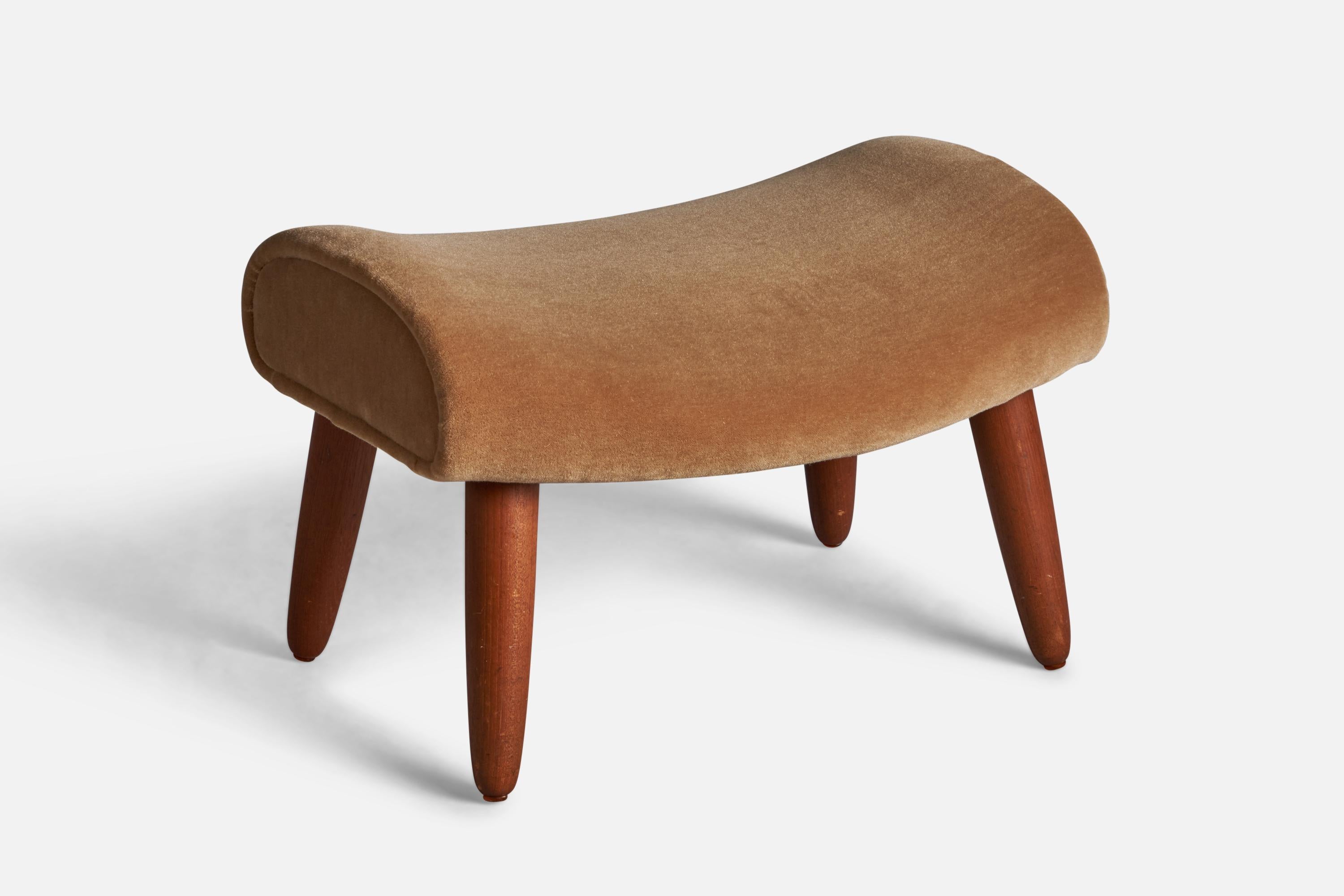 A teak and beige mohair stool, designed and produced in Denmark, 1950s.
