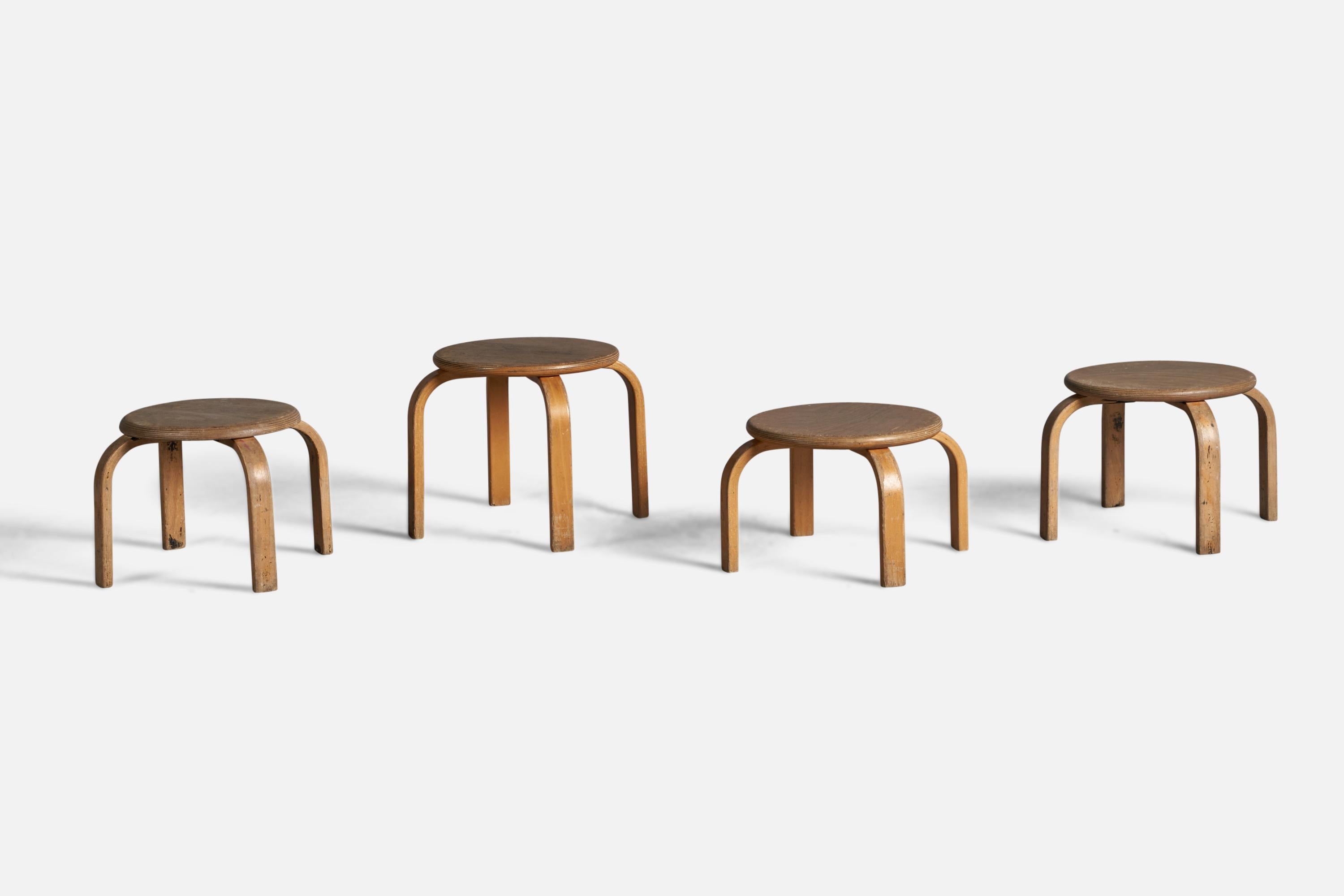 A set of 4 oak and bentwood stools, designed and produced in Denmark, 1940s.

Dimensions of Each Stool:
17.15