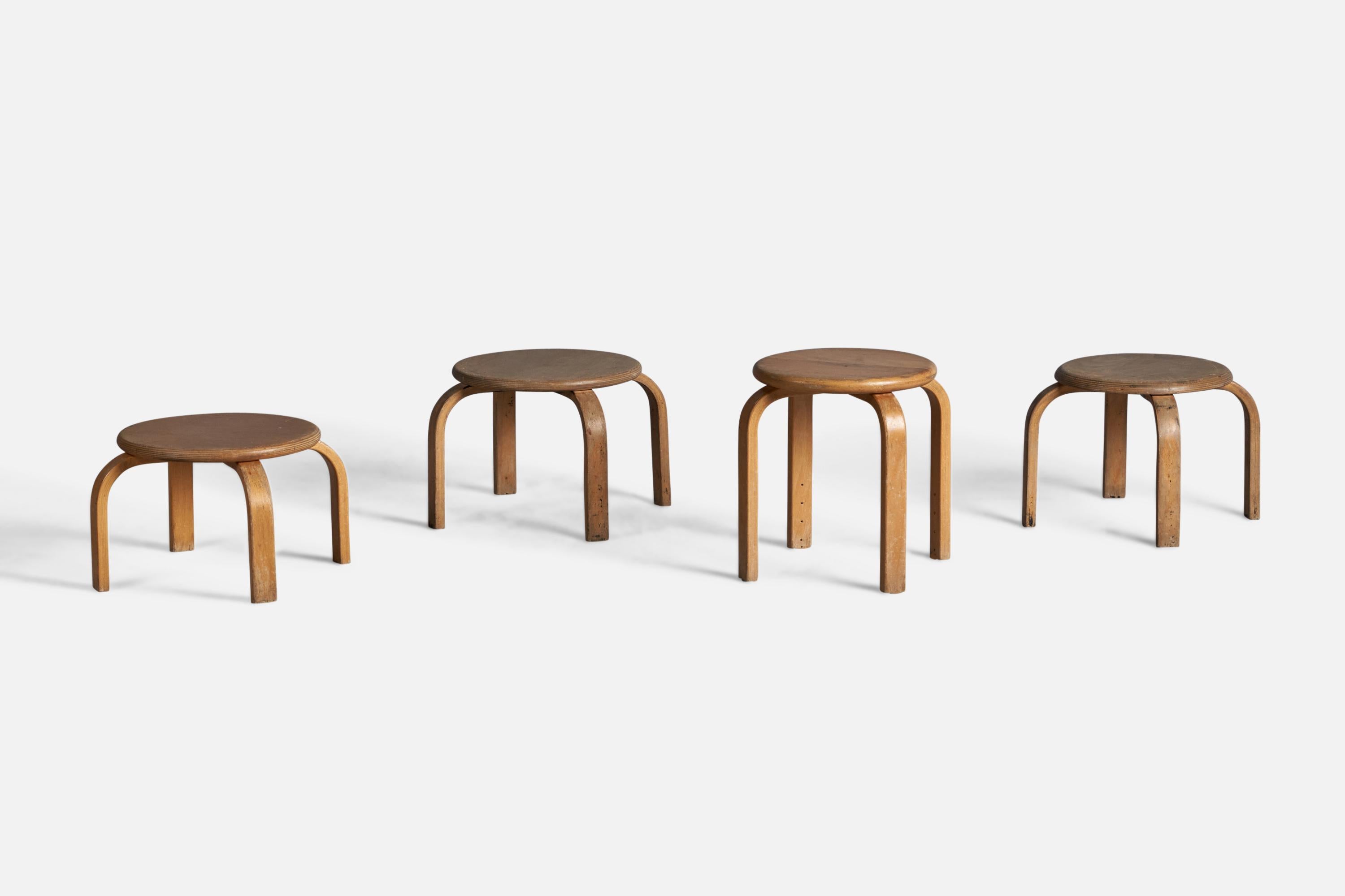 A set of 4 oak and bentwood stools, designed and produced in Denmark, c. 1940s.

Dimensions of Each Stool:
14.75