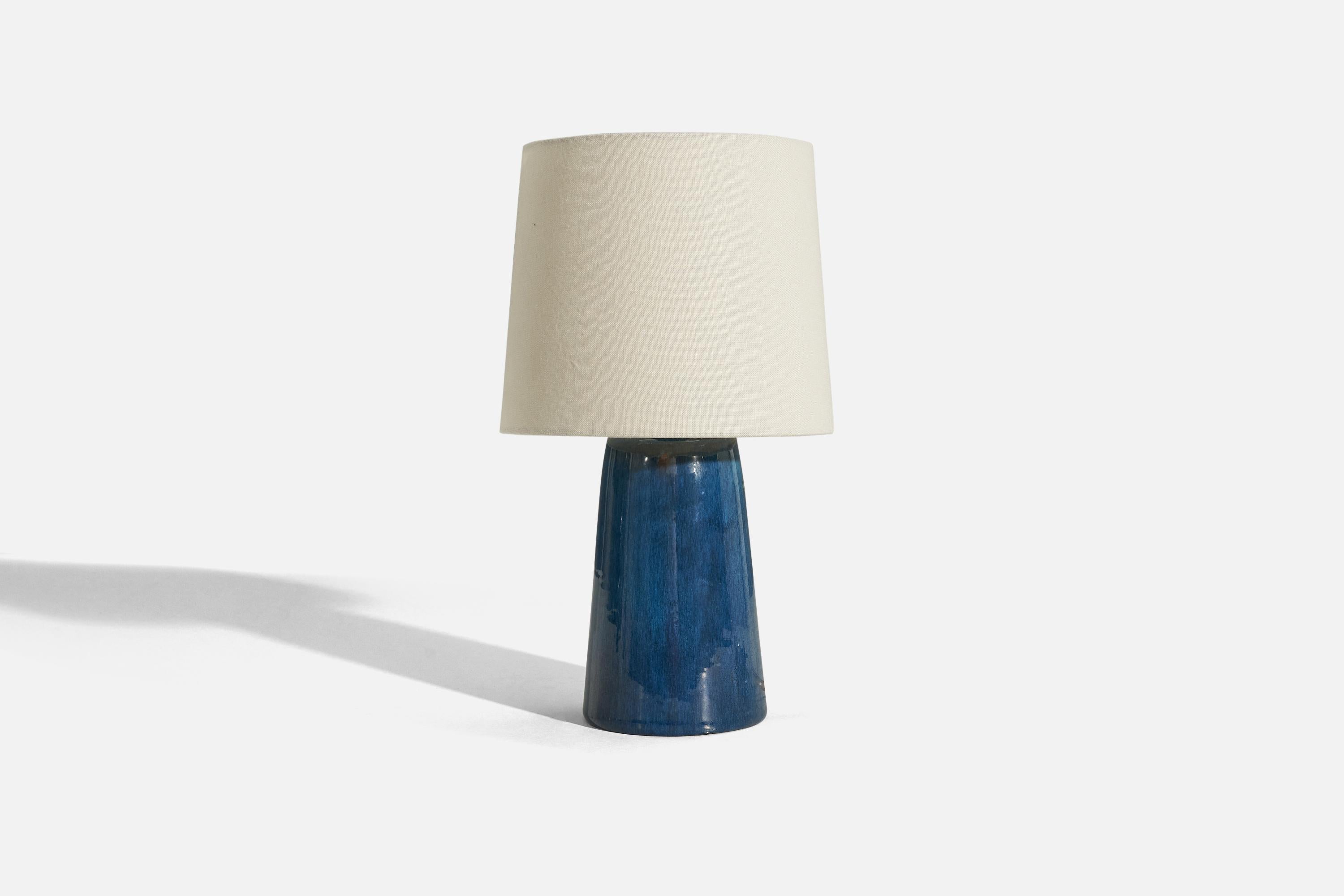 Mid-Century Modern Danish Designer, Table Lamp, Blue-Glazed Stoneware, Teak, Denmark, 1960s