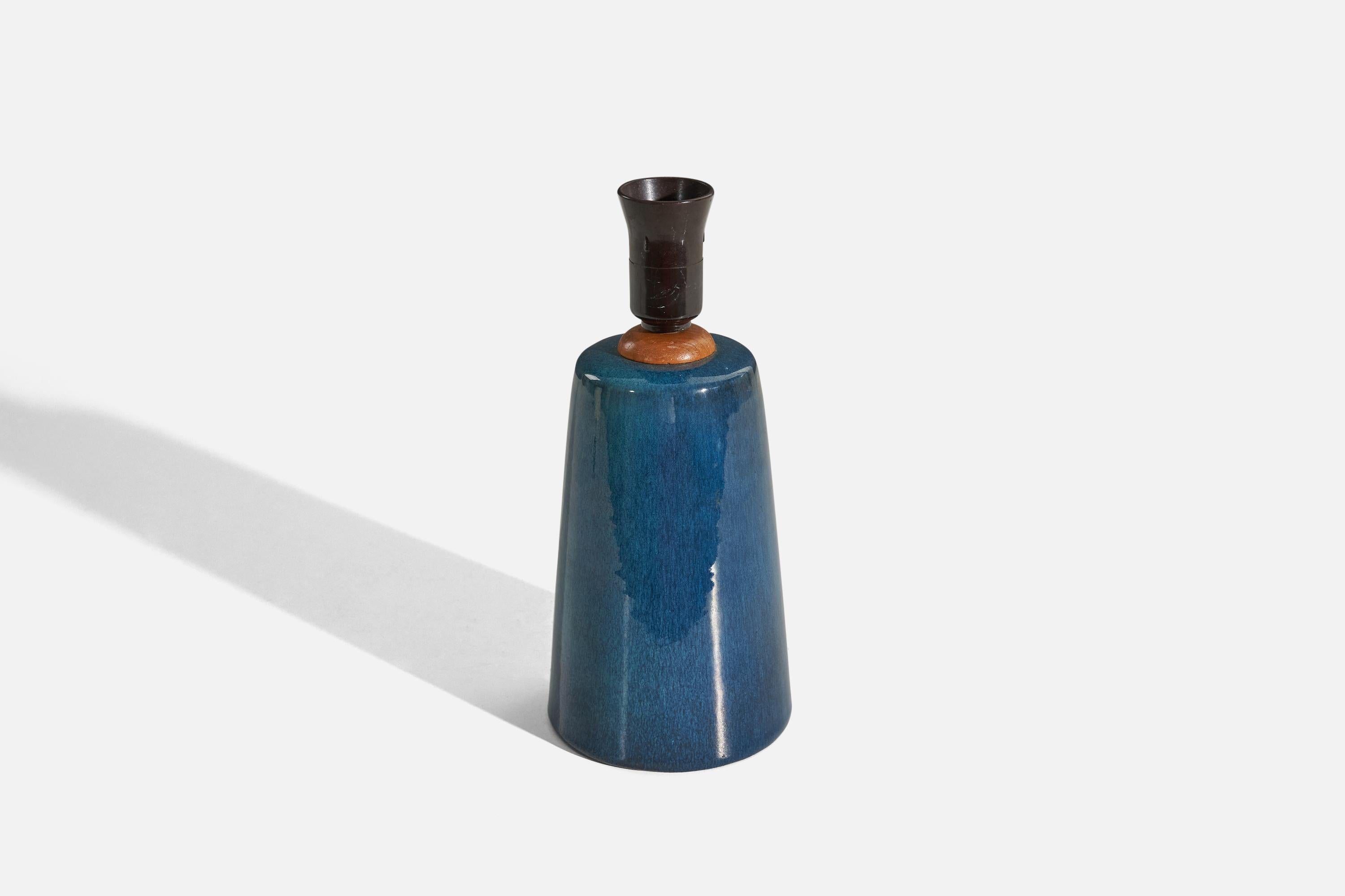Mid-20th Century Danish Designer, Table Lamp, Blue-Glazed Stoneware, Teak, Denmark, 1960s