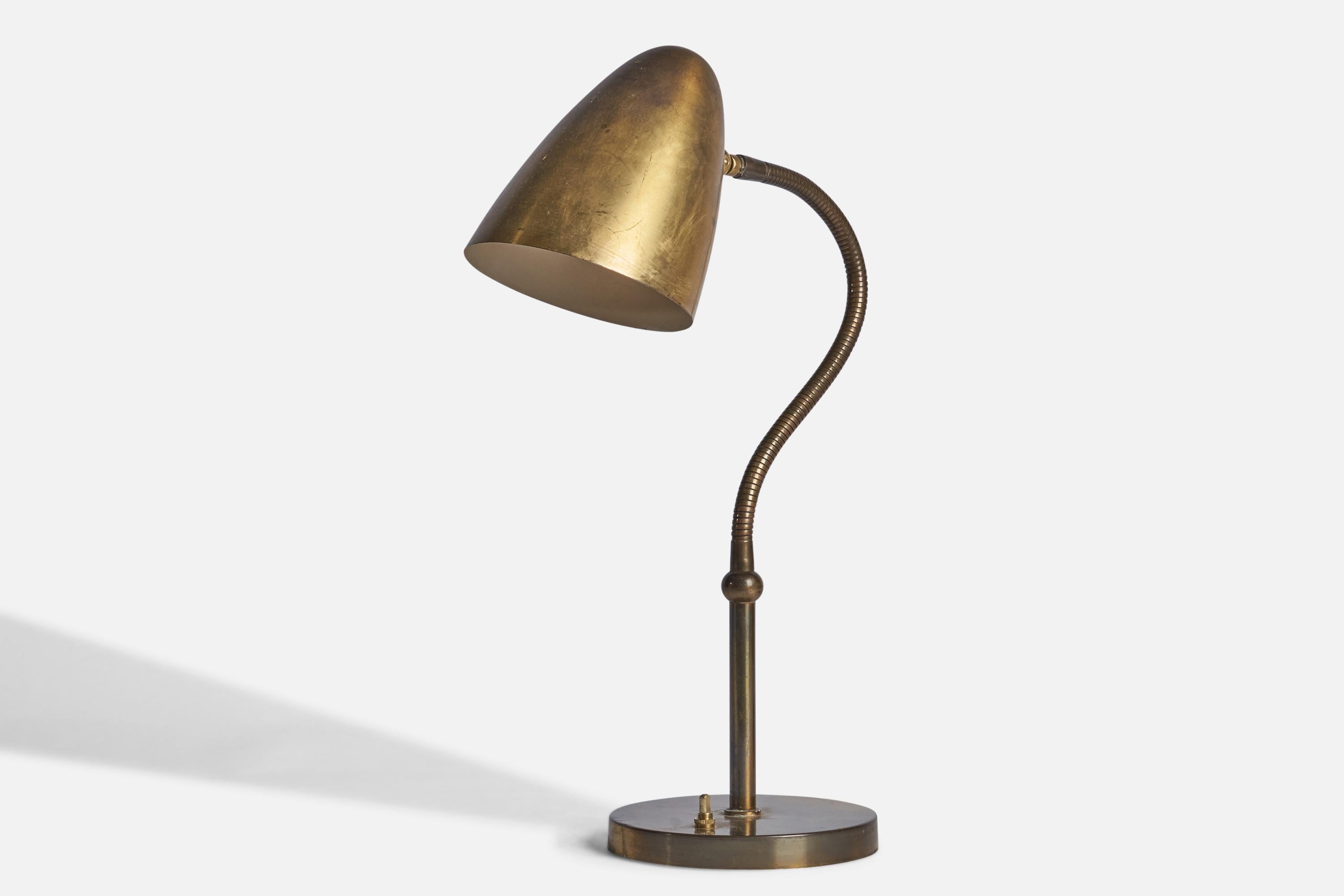 
An adjustable brass table lamp designed and produced in Denmark, 1930s.
Overall Dimensions (inches): 19” H x 6.25” W x 12” D
Dimensions variable based on position of light.
Bulb Specifications: E-26 Bulb
Number of Sockets: 1
All lighting will be