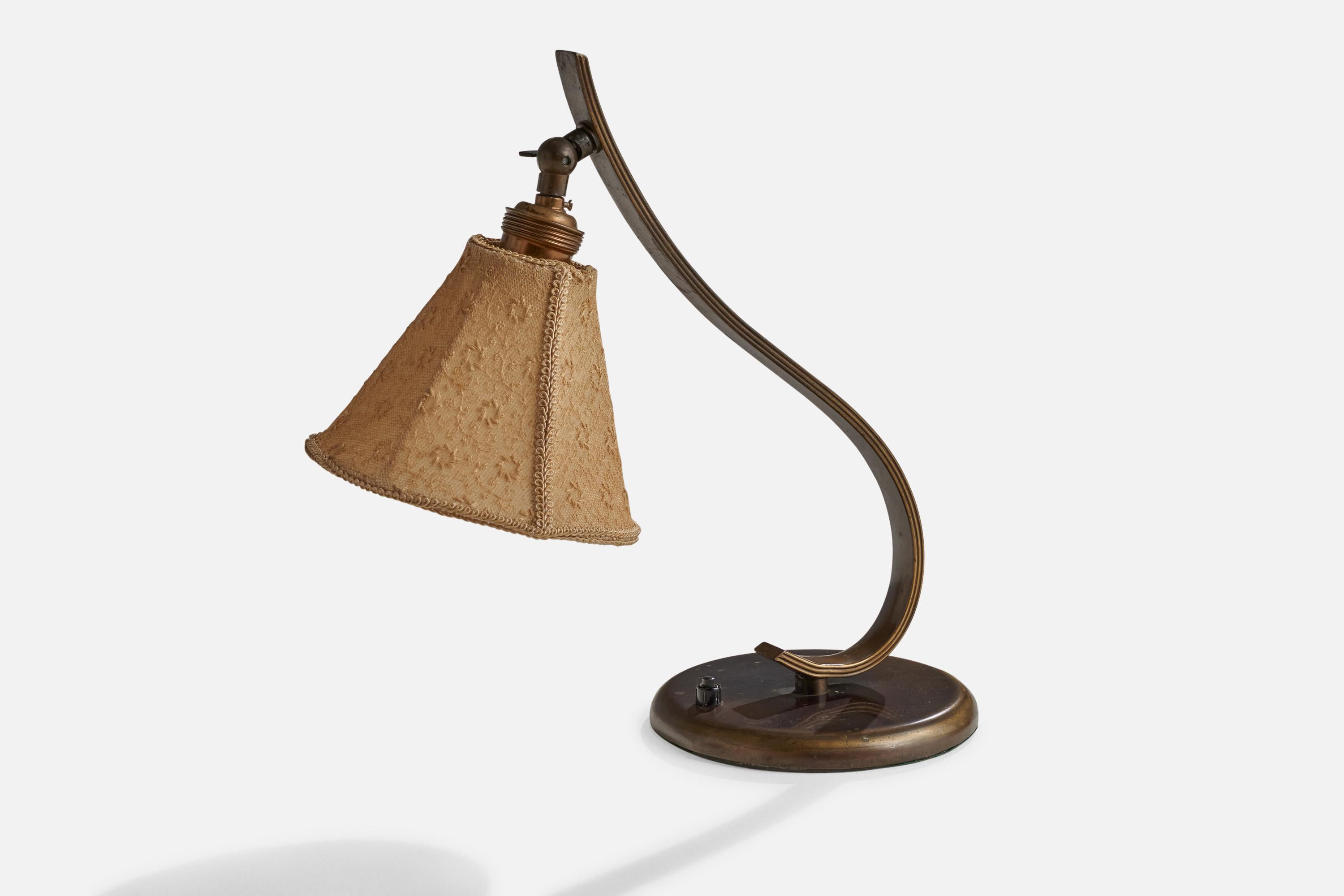 Scandinavian Modern Danish Designer, Table Lamp, Brass, Fabric, Denmark, 1930s
