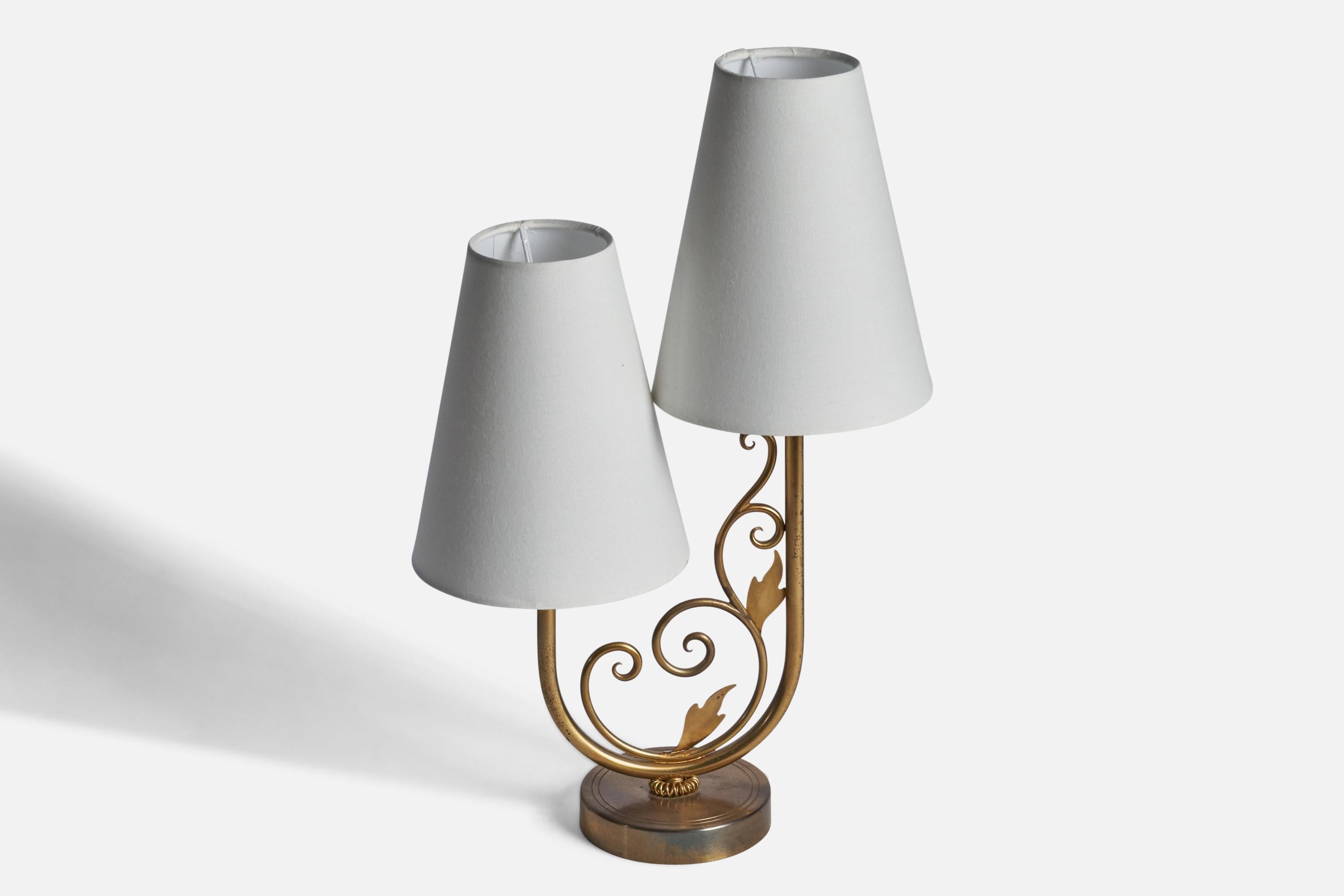 Mid-Century Modern Danish Designer, Table Lamp, Brass, Fabric, Denmark, 1940s For Sale