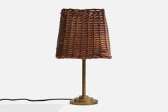 Danish Designer, Table Lamp, Brass, Rattan, Denmark, 1940s
