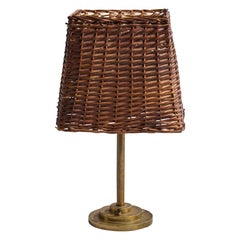 Danish Designer, Table Lamp, Brass, Rattan, Denmark, 1940s