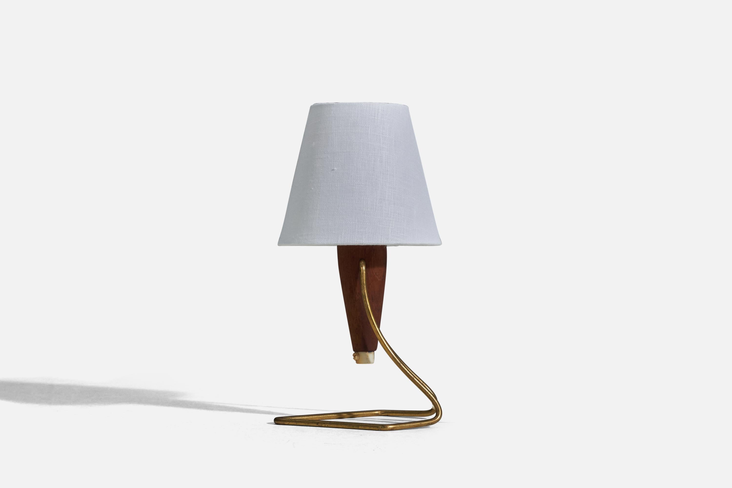 Scandinavian Modern  Danish Designer, Table Lamp, Brass, Teak, Denmark, 1950s