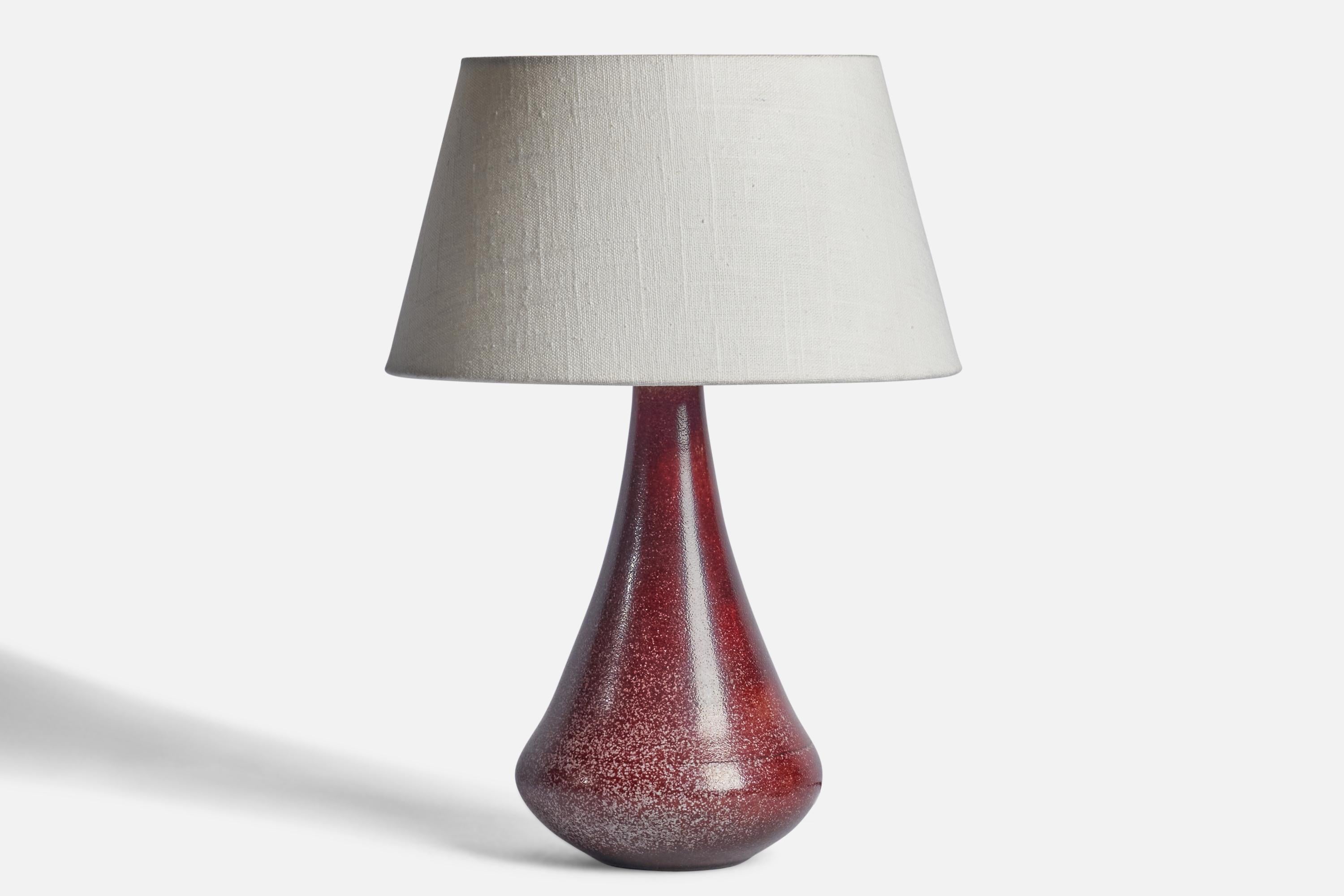 A red-glazed ceramic table lamp designed and produced in Denmark, 1940s.

Dimensions of Lamp (inches): 11