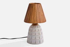 Danish Designer, Table Lamp, Ceramic, Oak, Rattan, Denmark, 1970s
