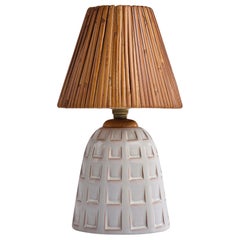 Danish Designer, Table Lamp, Ceramic, Oak, Rattan, Denmark, 1970s
