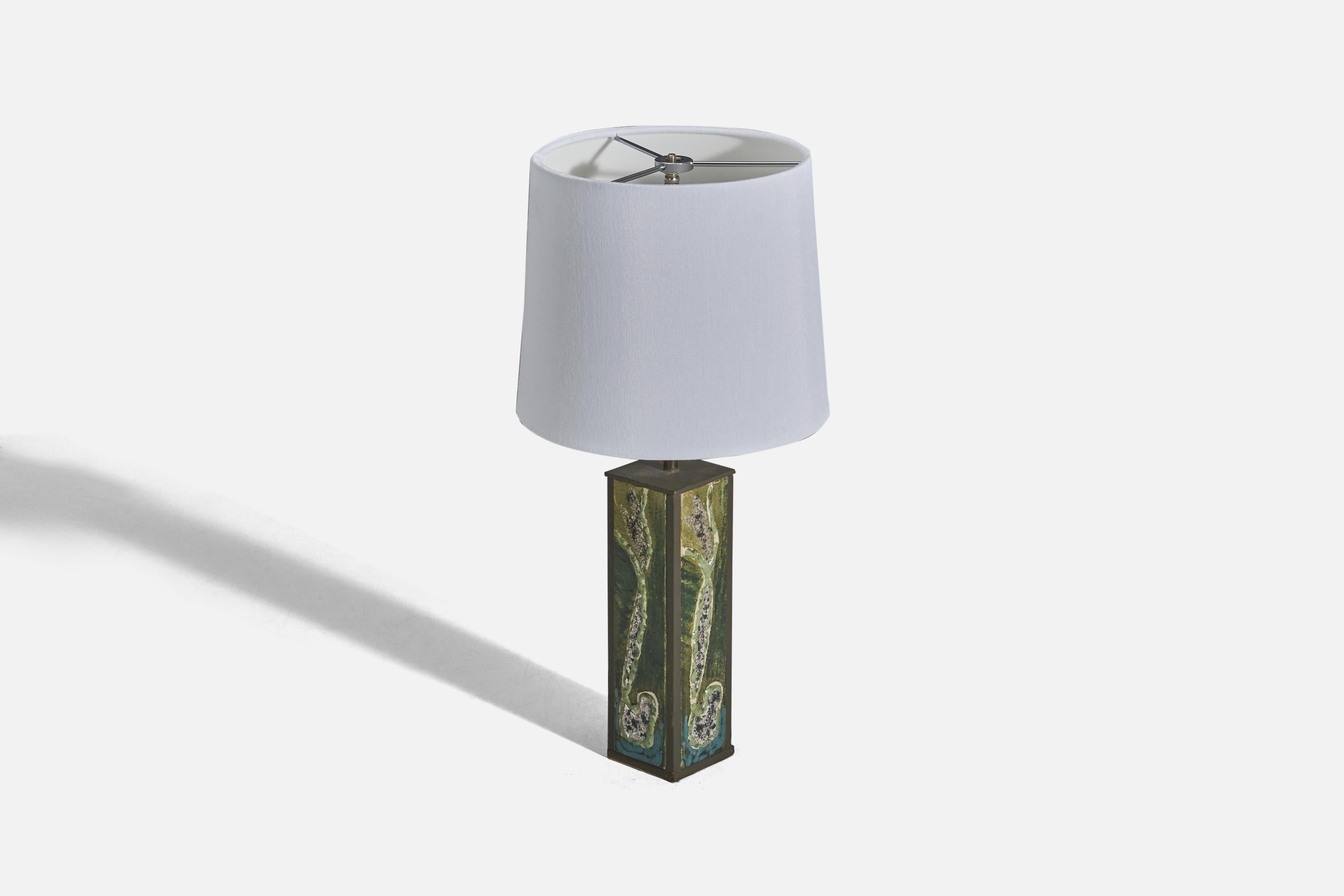 Scandinavian Modern  Danish Designer, Table Lamp, Green Glazed Stoneware, Metal, Denmark, 1950s For Sale