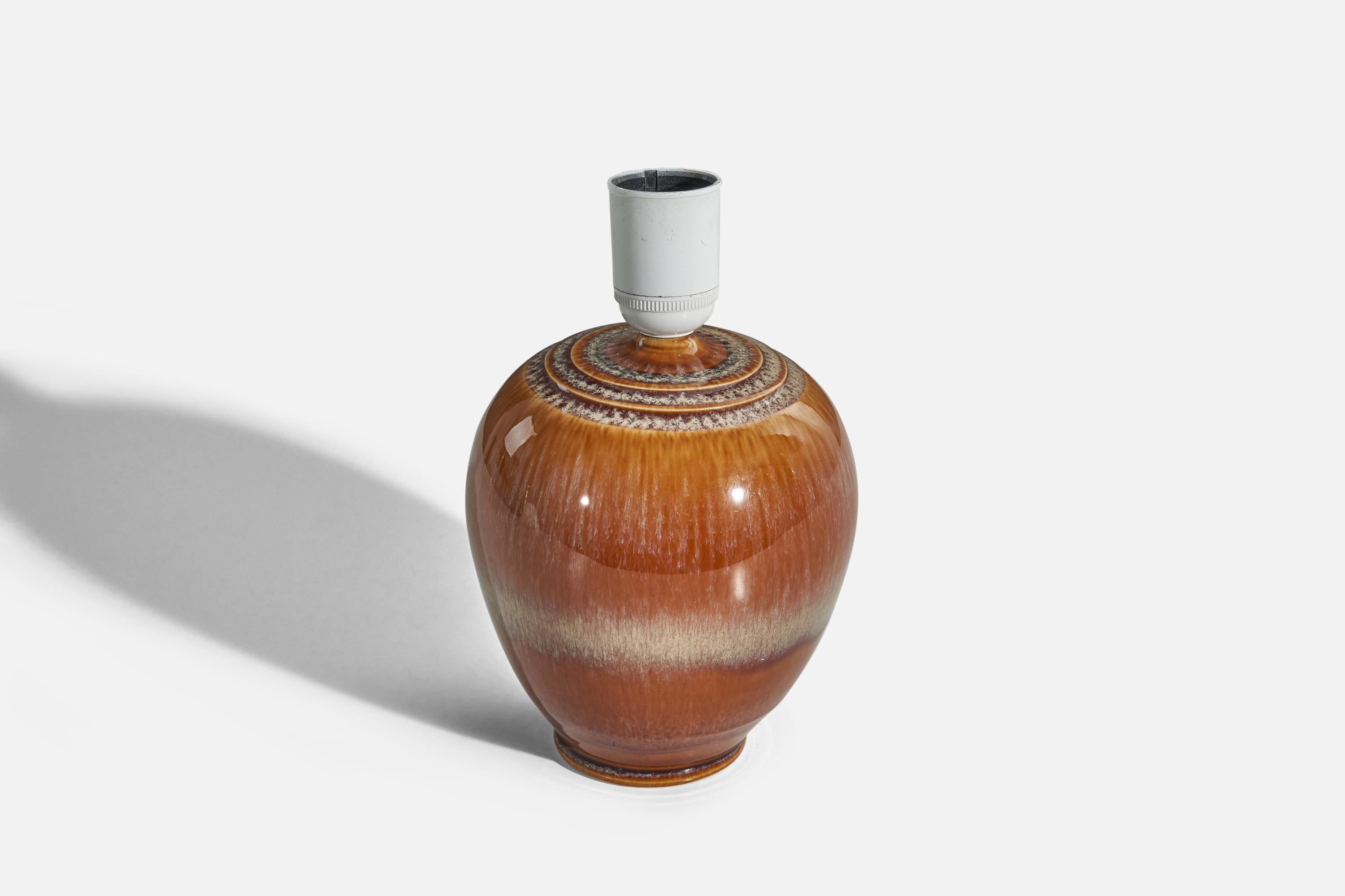 Mid-20th Century Danish Designer, Table Lamp, Orange Glazed Stoneware, Denmark, 1960s For Sale