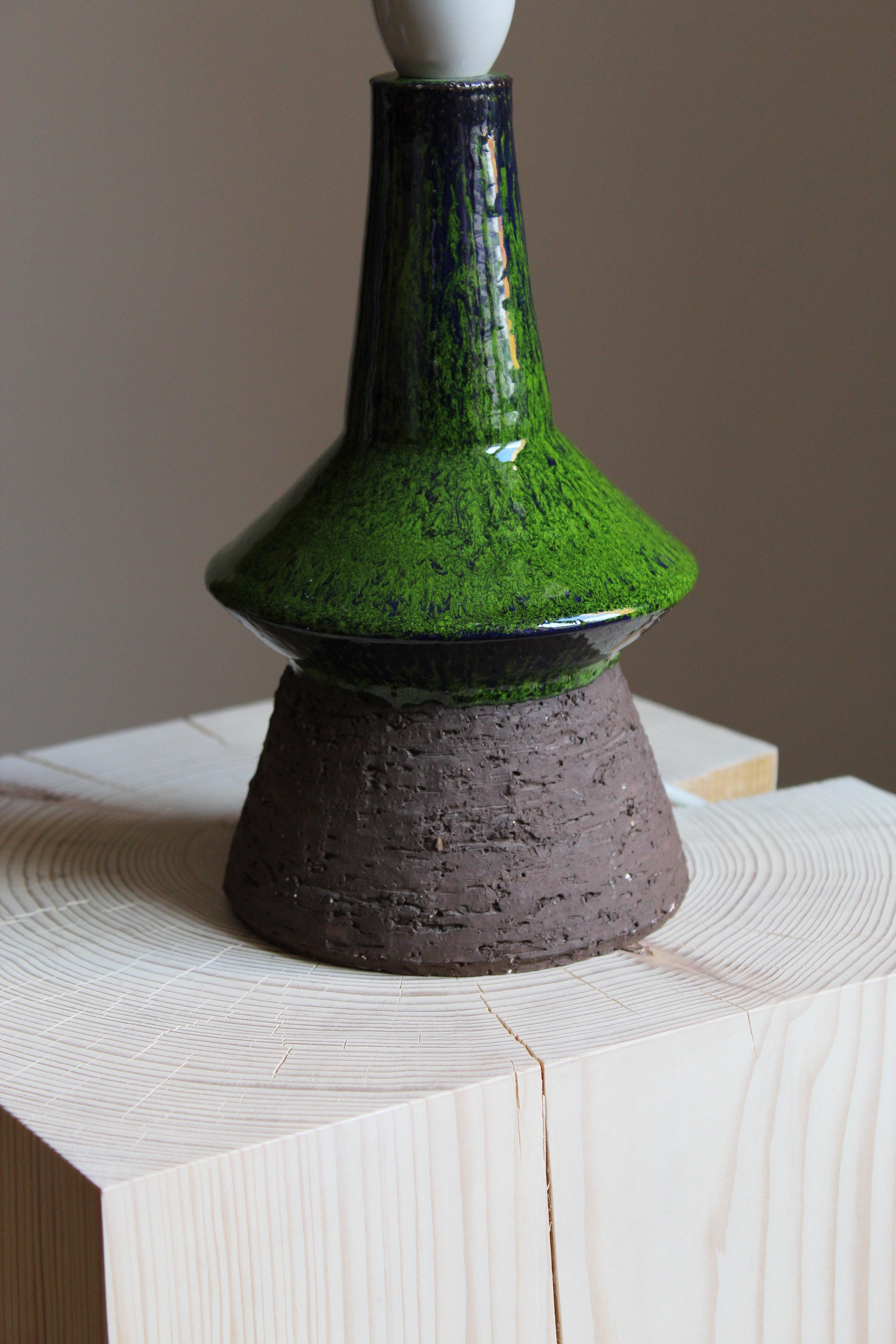 Mid-20th Century Danish Designer, Table Lamp, Green Semi-Glazed Stoneware, Linen, Denmark, 1950s