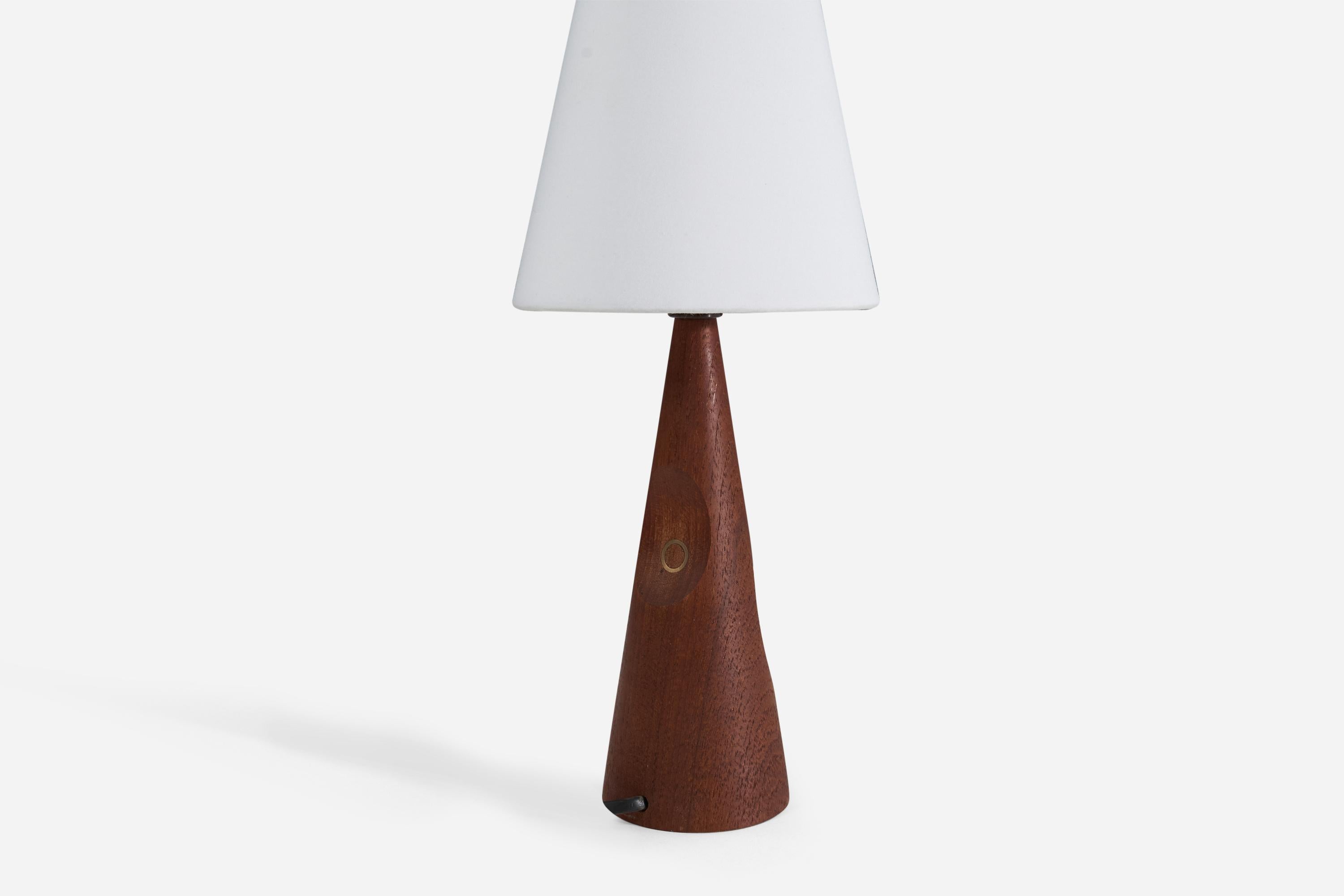 Mid-Century Modern Danish Designer, Table Lamp, Solid Teak, Brass Inlays, Denmark, 1950s For Sale