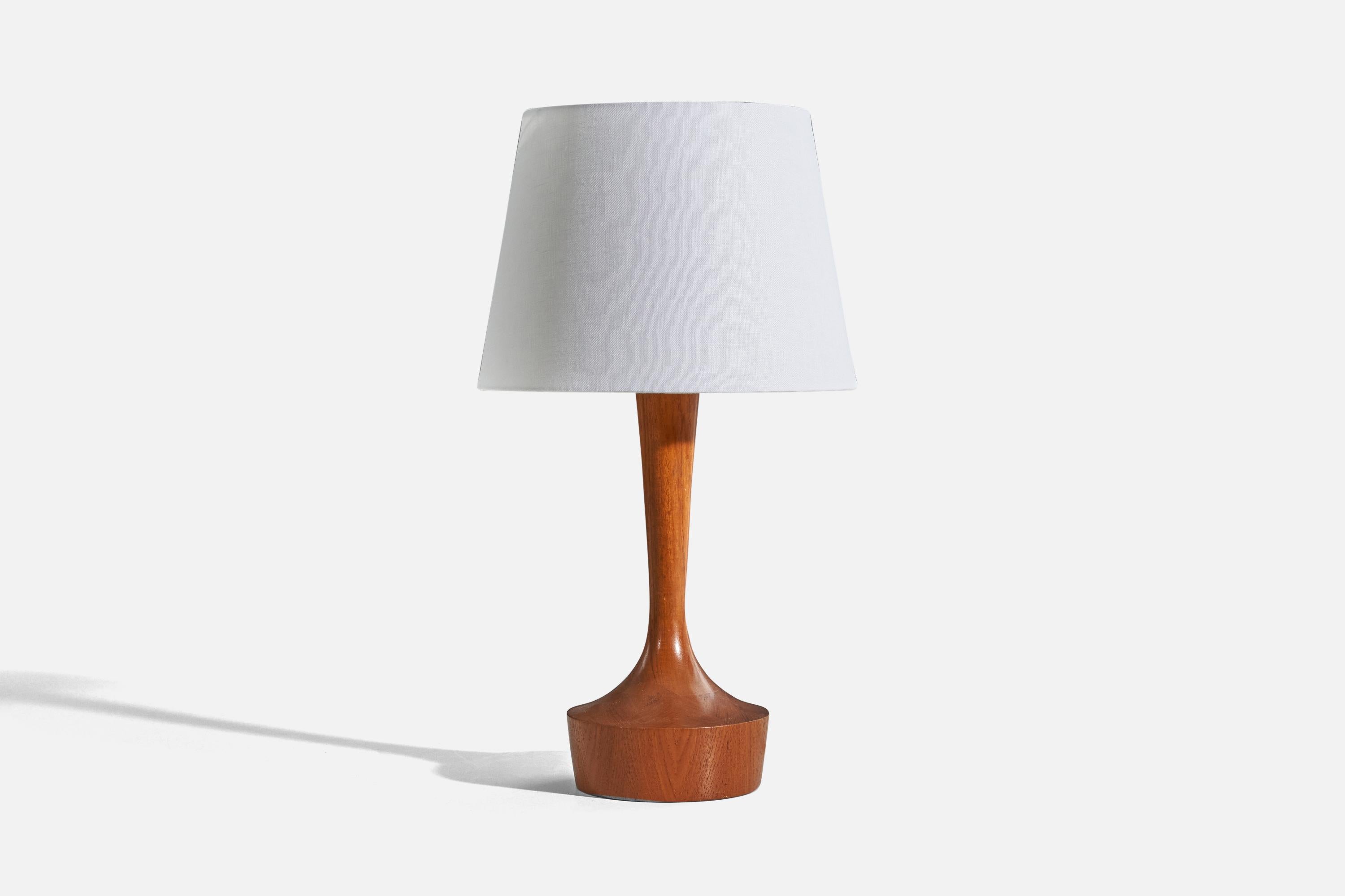 A solid teak table lamp designed and produced in Denmark, 1950s.

Sold without lampshade. 
Dimensions of Lamp (inches) : 16.37 x 6.5 x 6.5 (H x W x D)
Dimensions of Shade (inches) : 9 x 12 x 9 (T x B x S)
Dimension of Lamp with Shade (inches) :