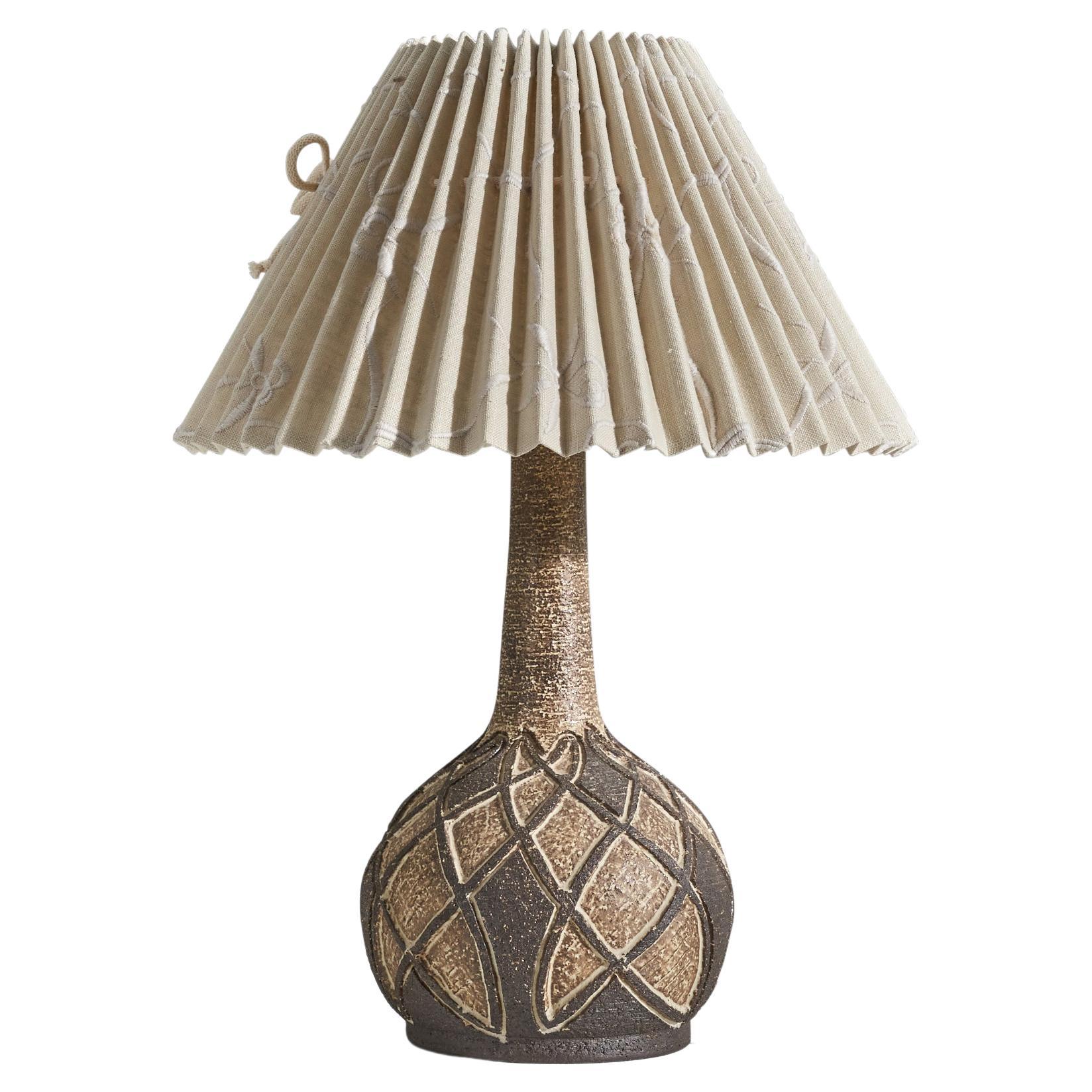 Danish Designer, Table Lamp, Stoneware, Fabric, Denmark, 1960s For Sale