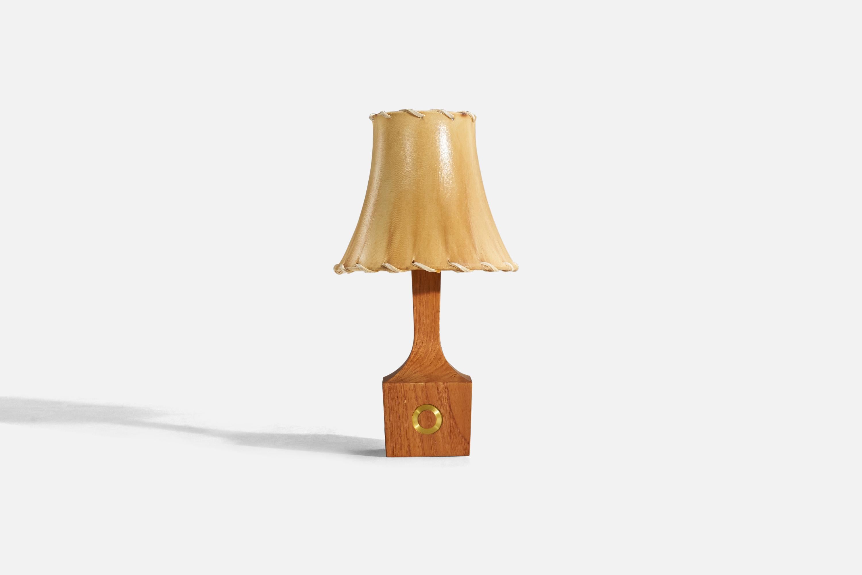 Mid-Century Modern Danish Designer, Table Lamp, Teak, Brass, Leather, Denmark, 1950s For Sale
