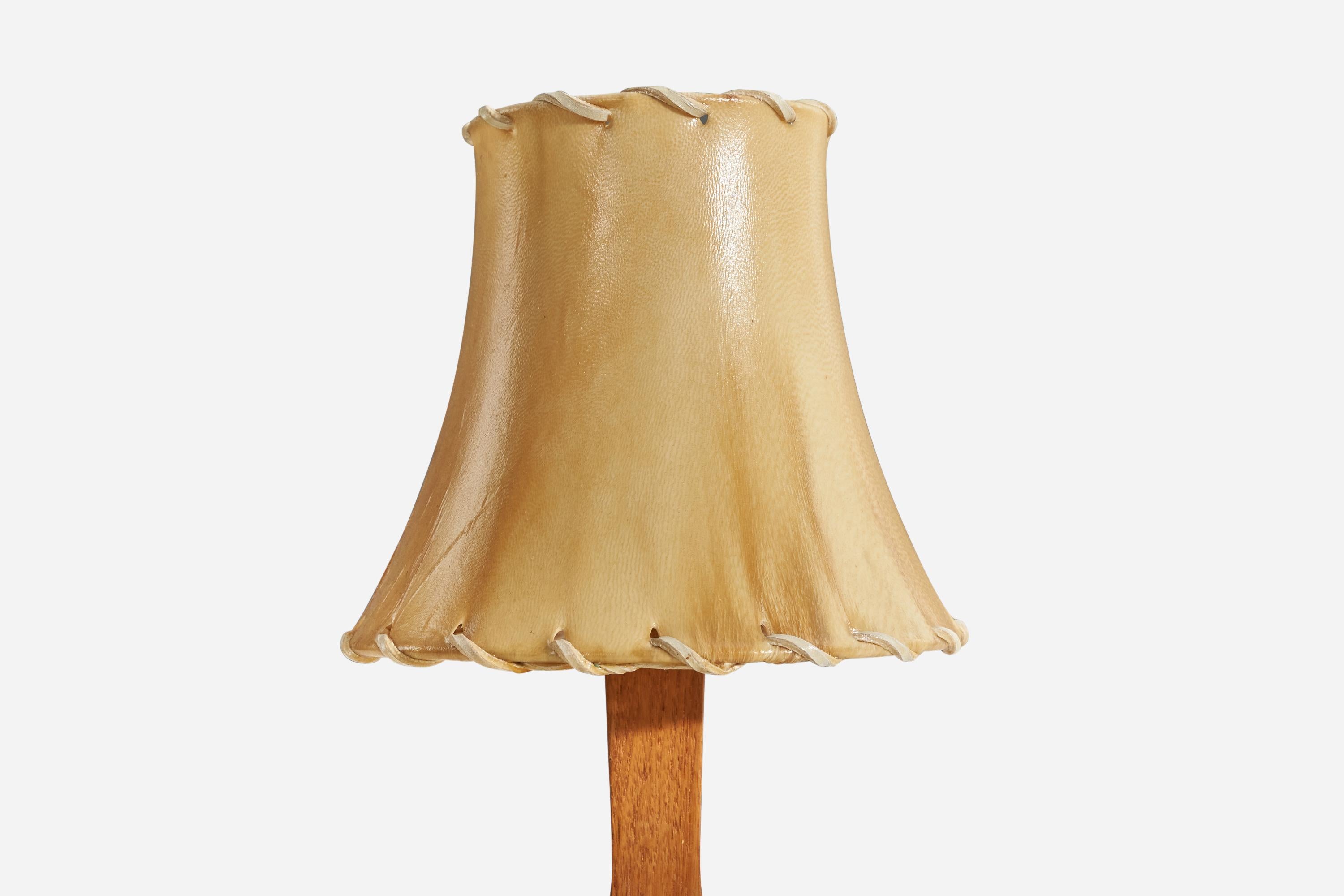 Mid-20th Century Danish Designer, Table Lamp, Teak, Brass, Leather, Denmark, 1950s For Sale