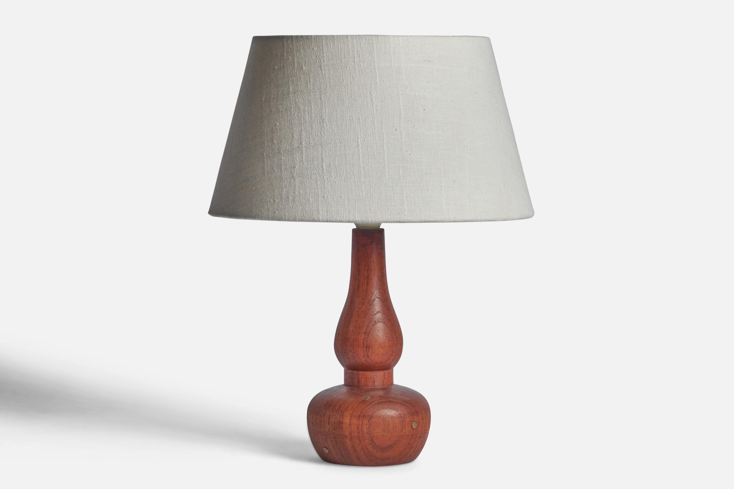 An organic walnut and brass table lamp designed and produced in Denmark, 1950s.

Dimensions of Lamp (inches): 10.35” H x 3.75” Diameter
Dimensions of Shade (inches): 7” Top Diameter x 10” Bottom Diameter x 5.5” H 
Dimensions of Lamp with Shade
