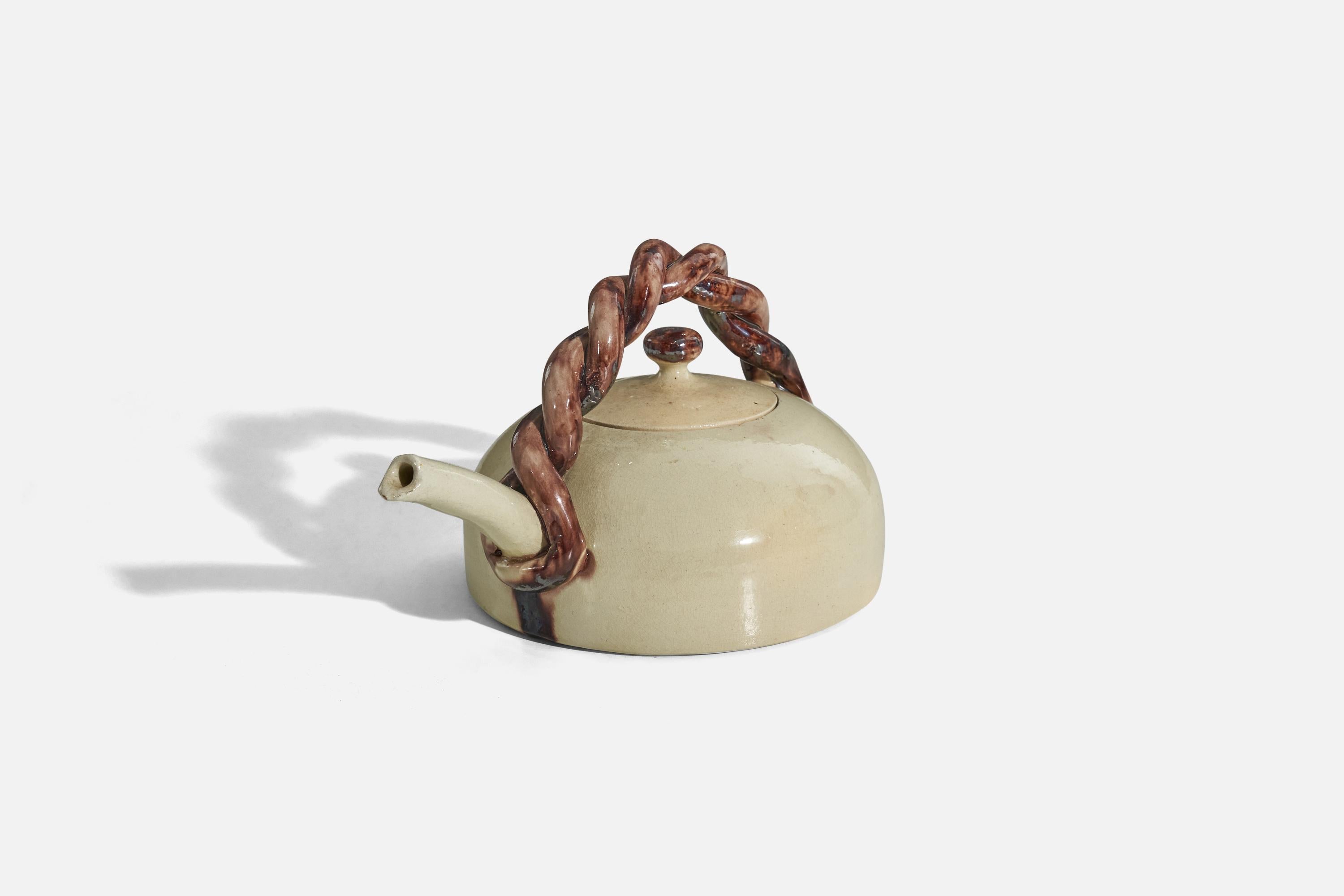 Mid-Century Modern Danish Designer, Teapot, Beige And Brown Stoneware, Denmark, 1950s