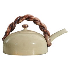 Retro Danish Designer, Teapot, Beige And Brown Stoneware, Denmark, 1950s