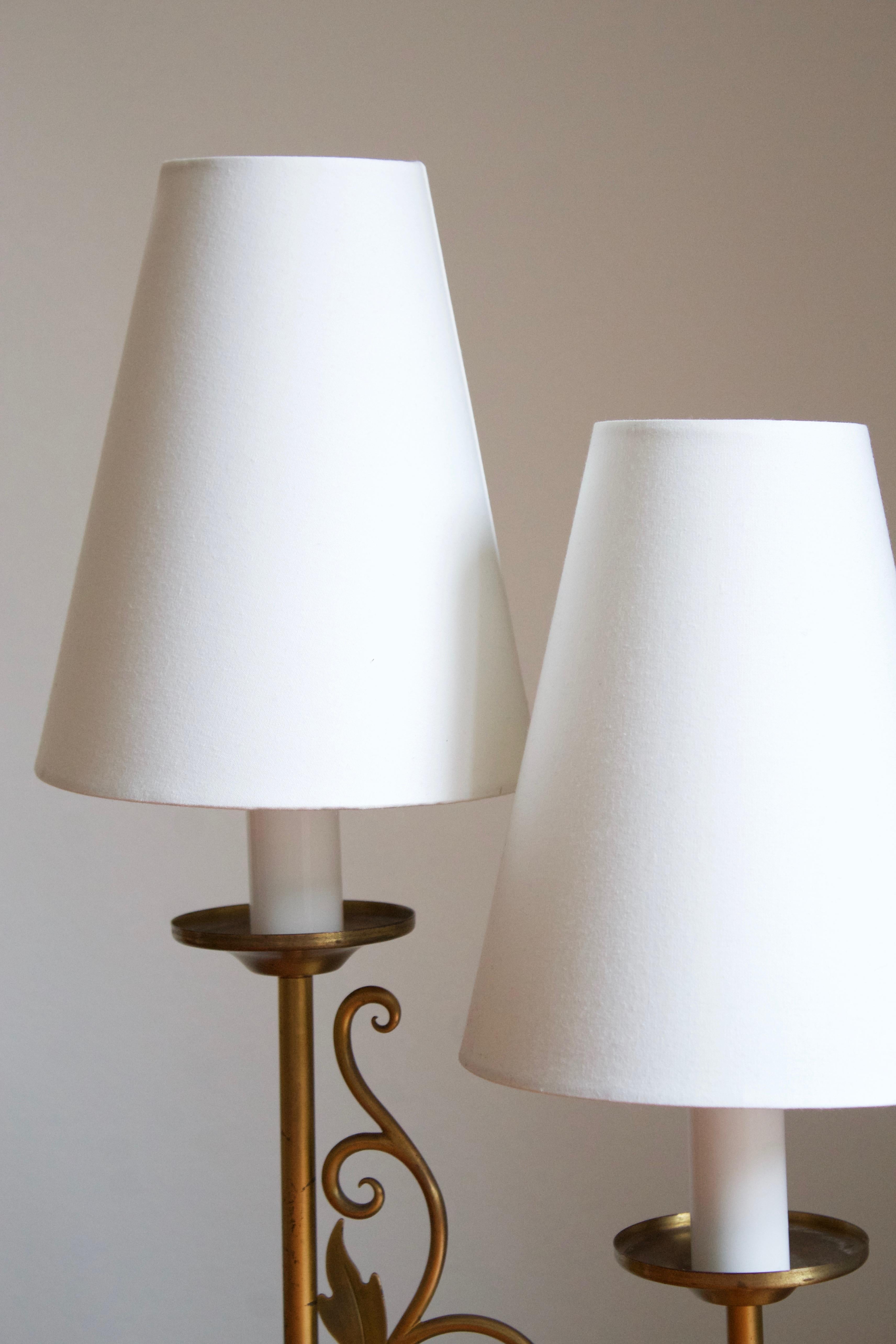 Danish Designer, Two-Armed Table Lamp, Brass, Fabric, Denmark, 1940s In Good Condition In High Point, NC