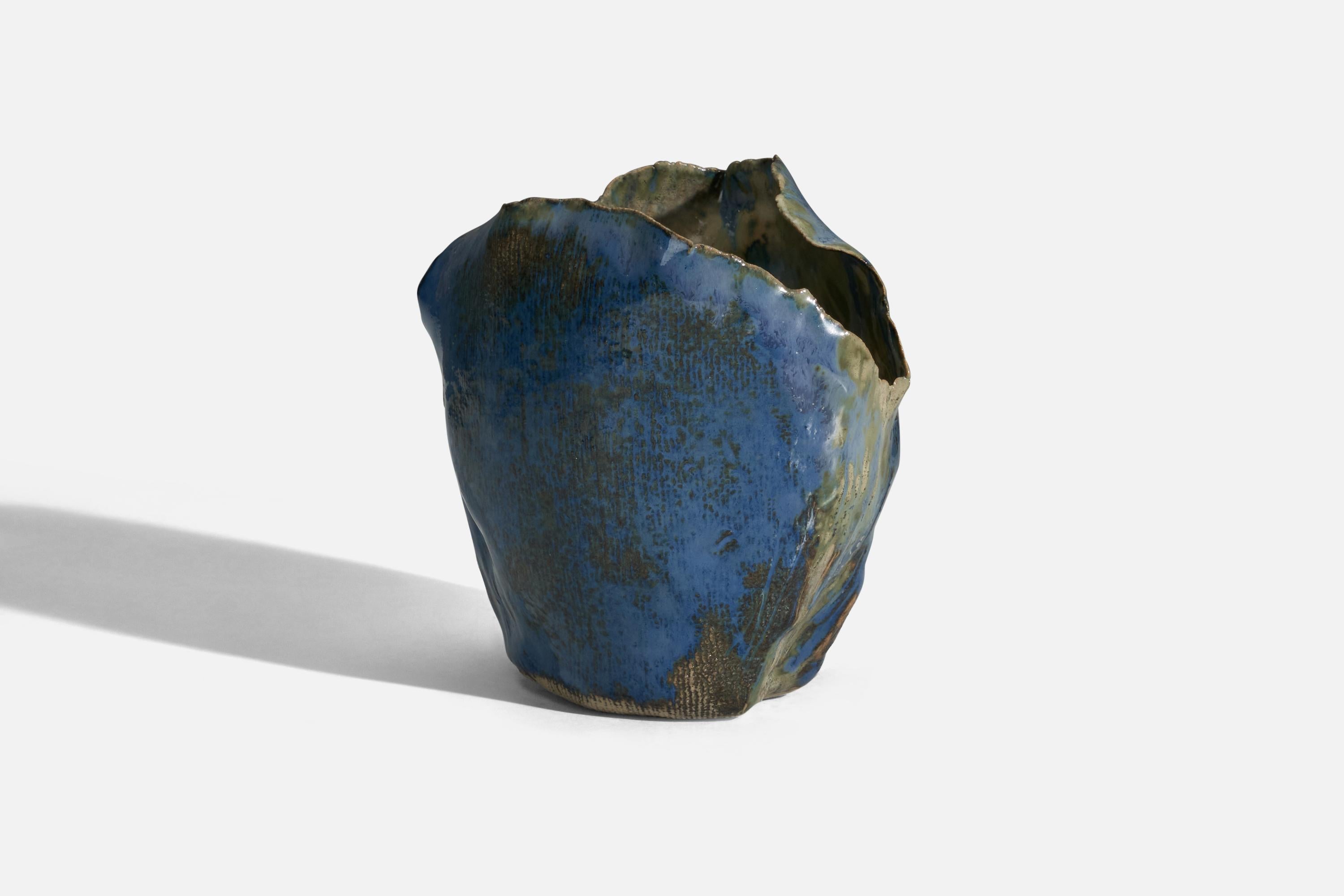 Scandinavian Modern Danish Designer, Vase, Blue Glazed Stoneware, Denmark, 1970s For Sale