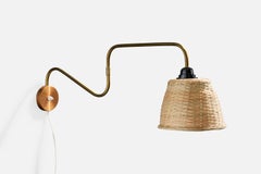 Diseñador danés, aplique, latón, cobre, ratán, Dinamarca, años 50