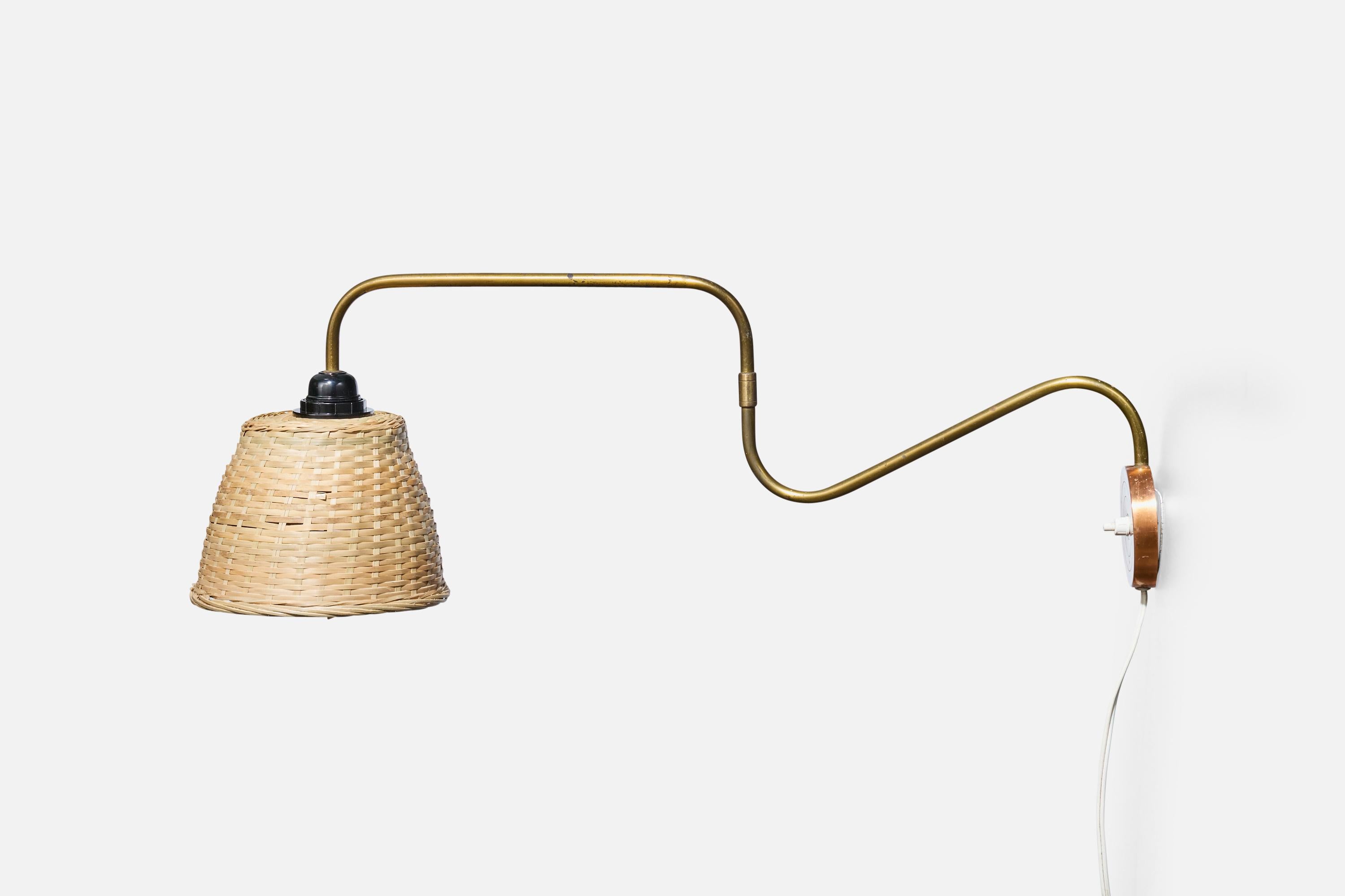 Mid-Century Modern Design/One, applique murale, laiton, cuivre, rotin, Danemark, années 1950 en vente