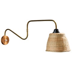 Danish Designer, Wall Light, Brass, Copper, Rattan, Denmark, 1950s