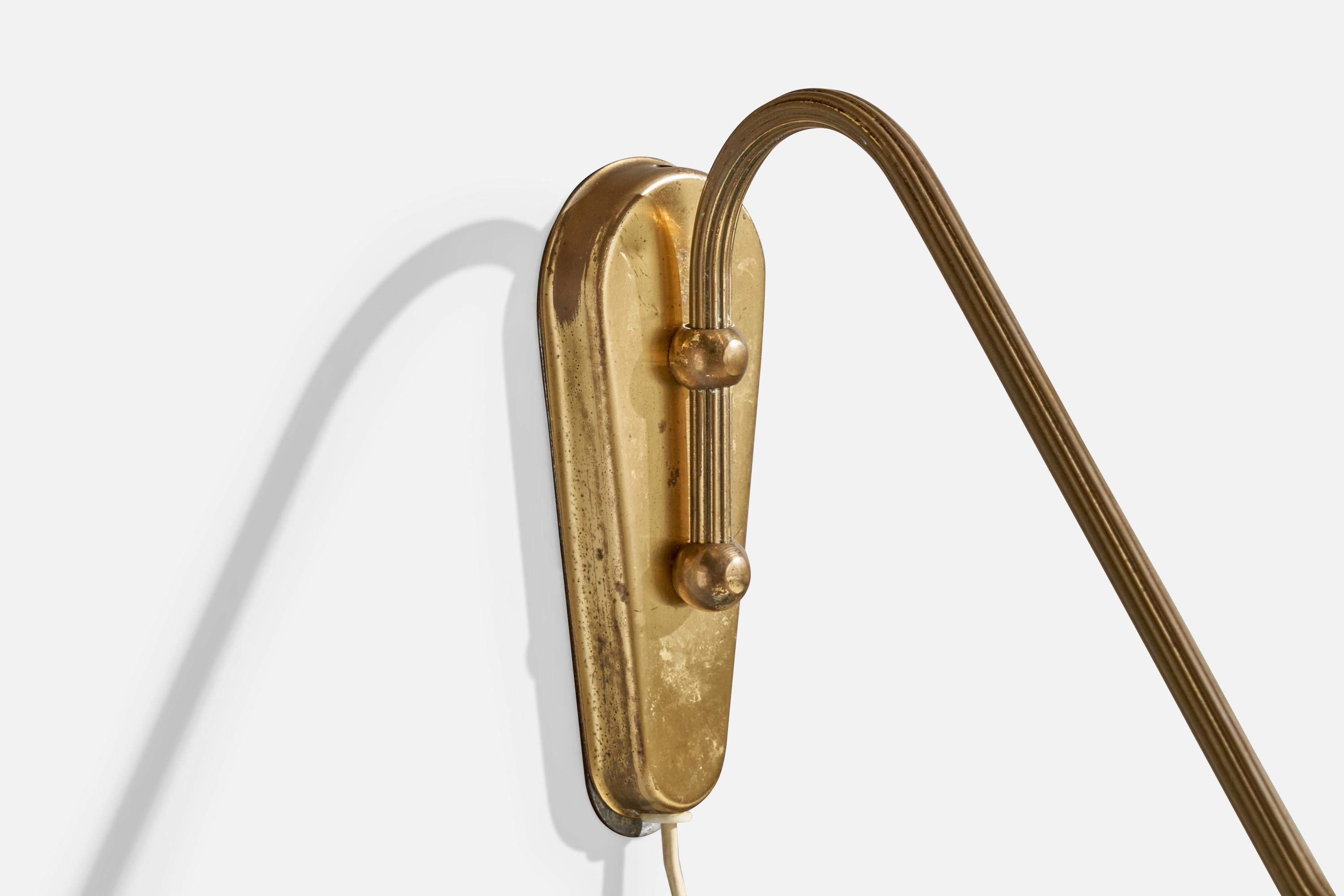 Danish Designer, Wall Light, Brass, Fabric, Denmark, 1940s For Sale 1