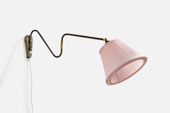 Danish Designer, Wall Light, Brass, Fabric, Denmark, 1950s