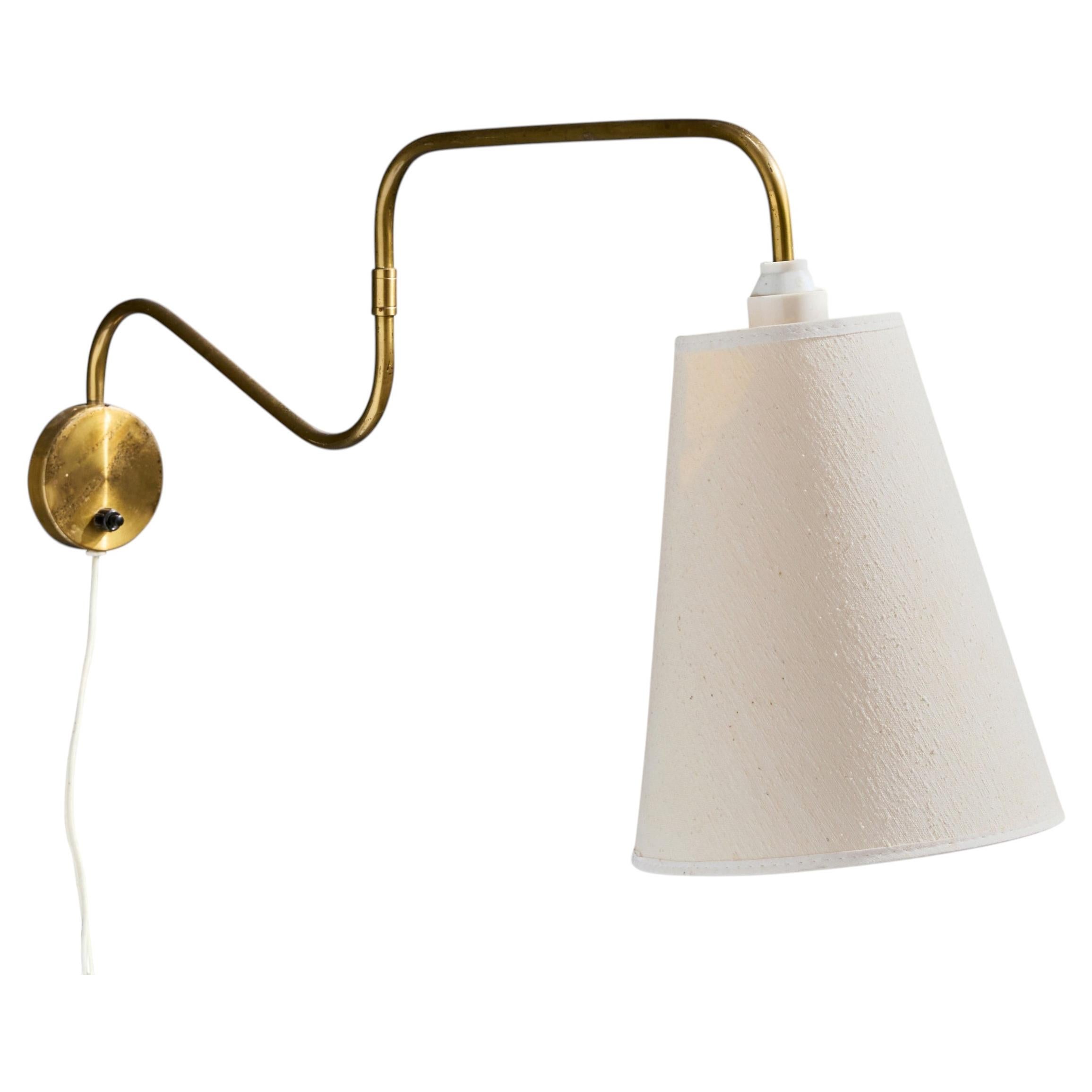 Danish Designer, Wall Light, Brass, Fabric, Denmark, 1950s