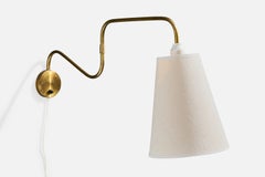 Danish Designer, Wall Light, Brass, Fabric, Denmark, 1950s