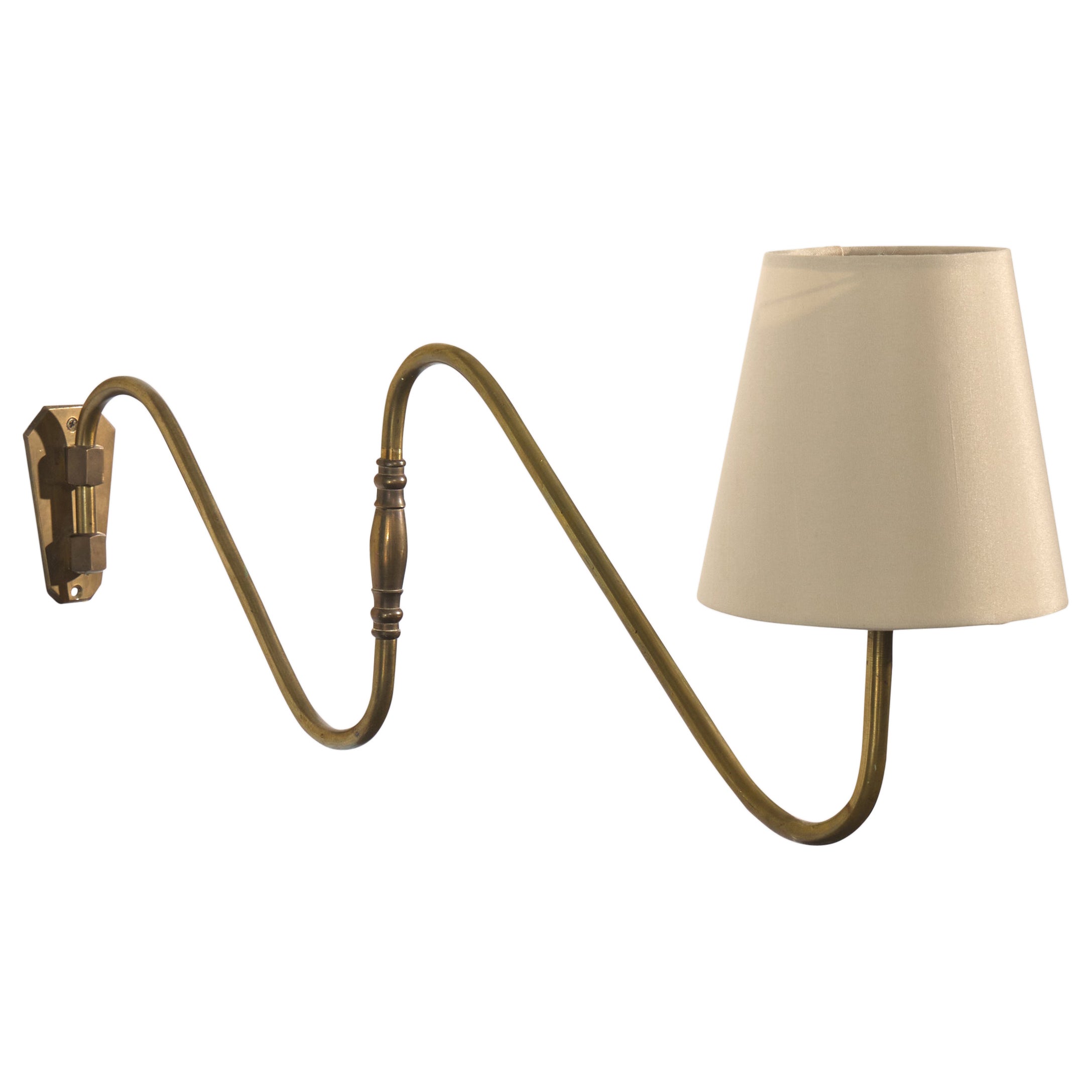 Danish Designer, Wall Light, Brass, Fabric, Denmark, 1950s