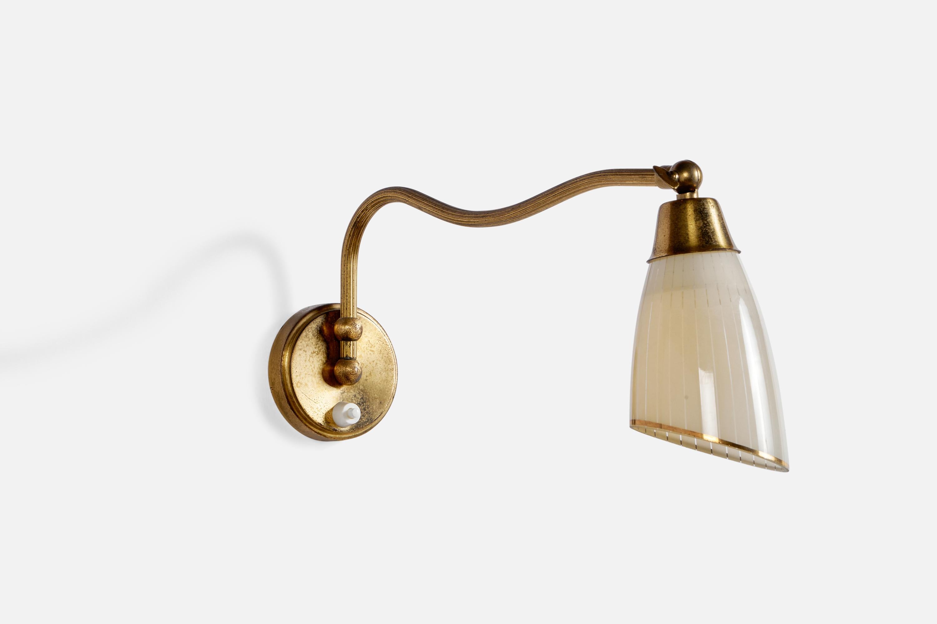 An adjustable brass and gilded opaline glass wall light designed and produced in Denmark, c. 1940s.

Overall Dimensions (inches): 5.8” H x 3.4” W x 14.6” D
Back Plate Dimensions (inches):3.2” Diameter x 0.75” D
Bulb Specifications: E-26 Bulb
Number