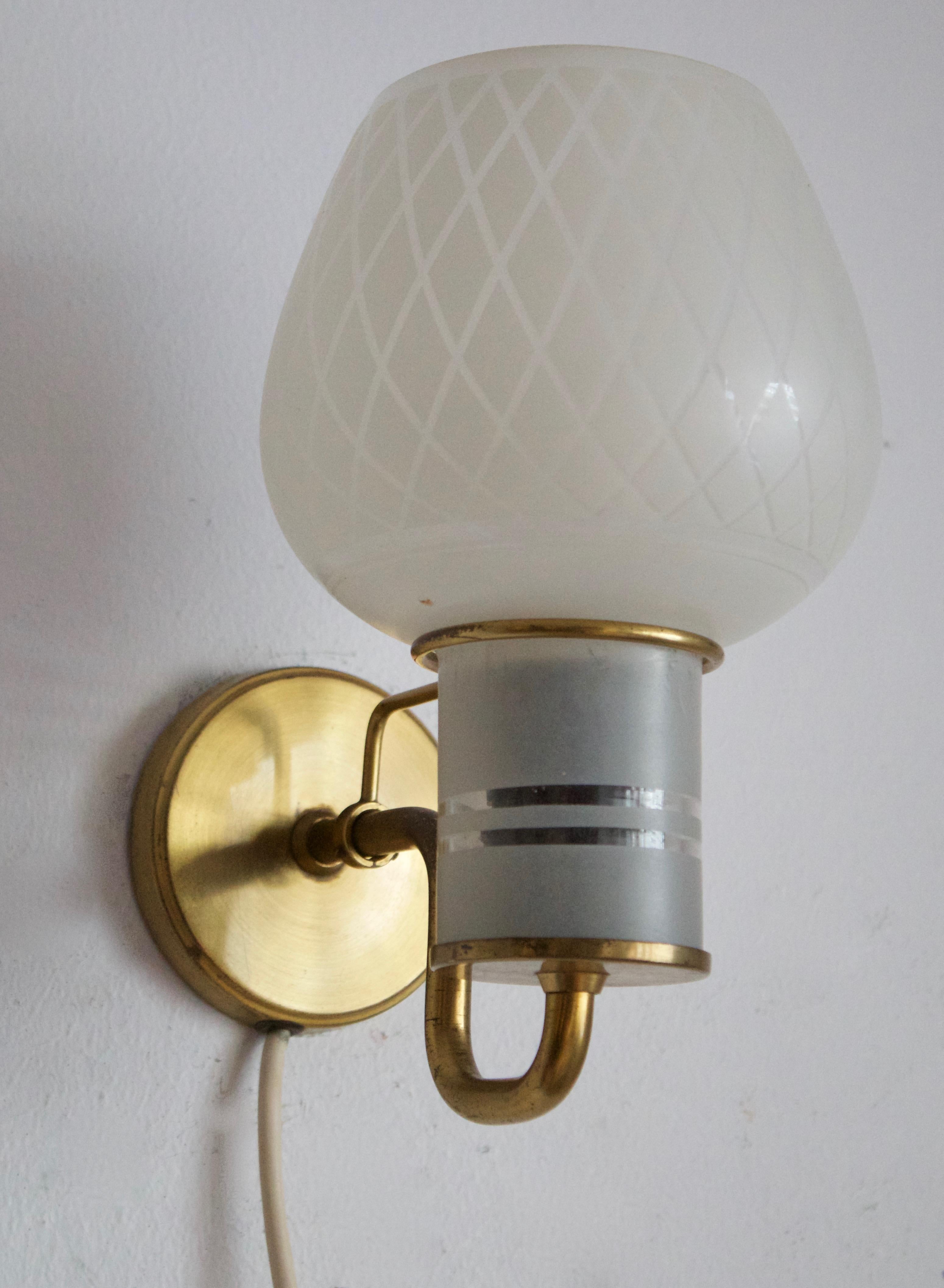 Scandinavian Modern Danish Designer, Wall Light, Brass, Glass, Denmark, 1940s For Sale