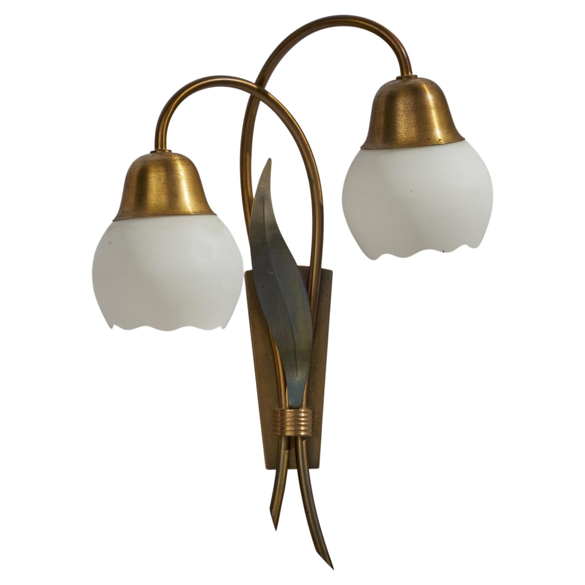 Danish Designer, Wall Light, Brass, Glass, Denmark, 1940s