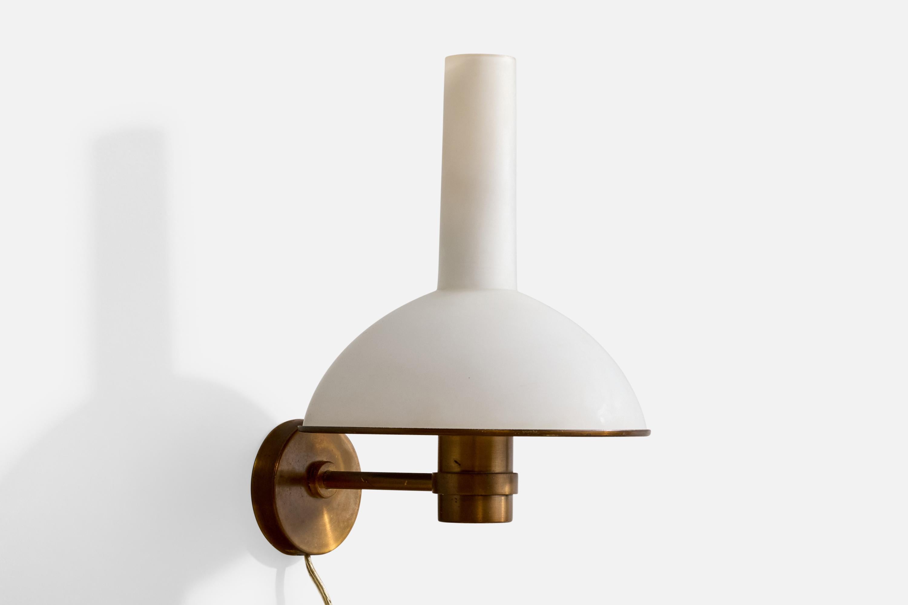 A brass and white opaline glass wall light designed and produced in Denmark, c. 1950s.

Overall Dimensions (Inches): 10.6